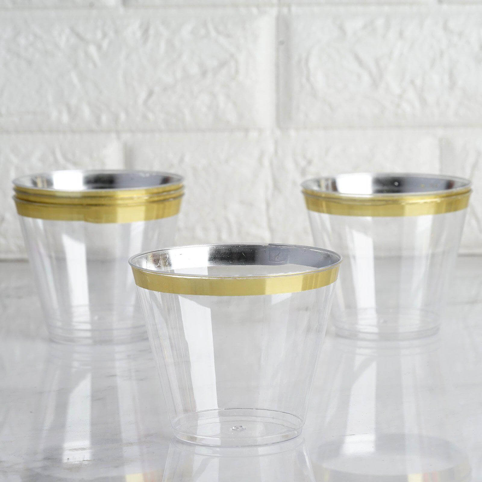 25-Pack Plastic Party Cups Clear Crystal with Gold Rim - Stylish Short Disposable Glasses 9oz