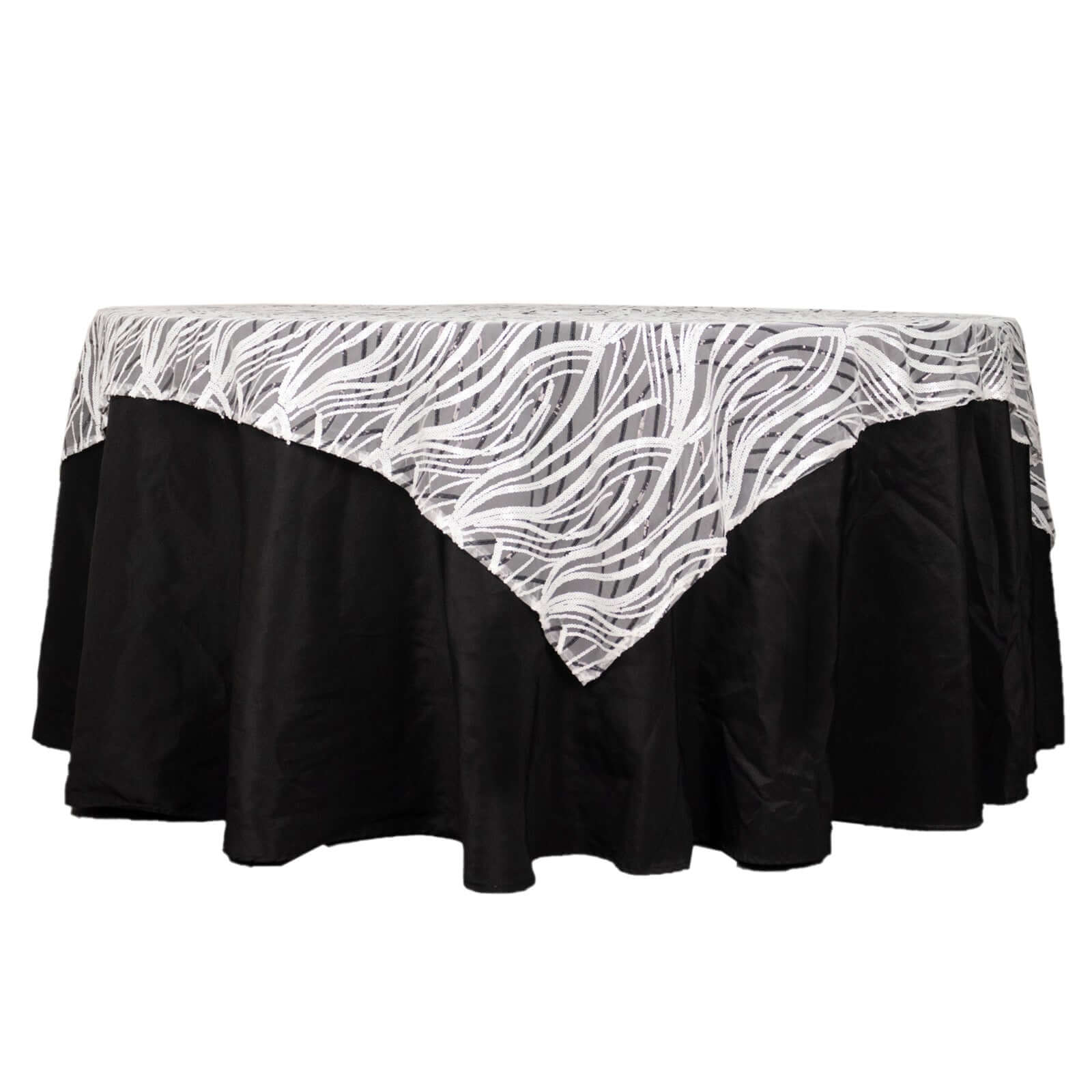 Mesh 72x72 Table Overlay Square Tablecloth White Black - Wave Embroidered Sequins Table Topper