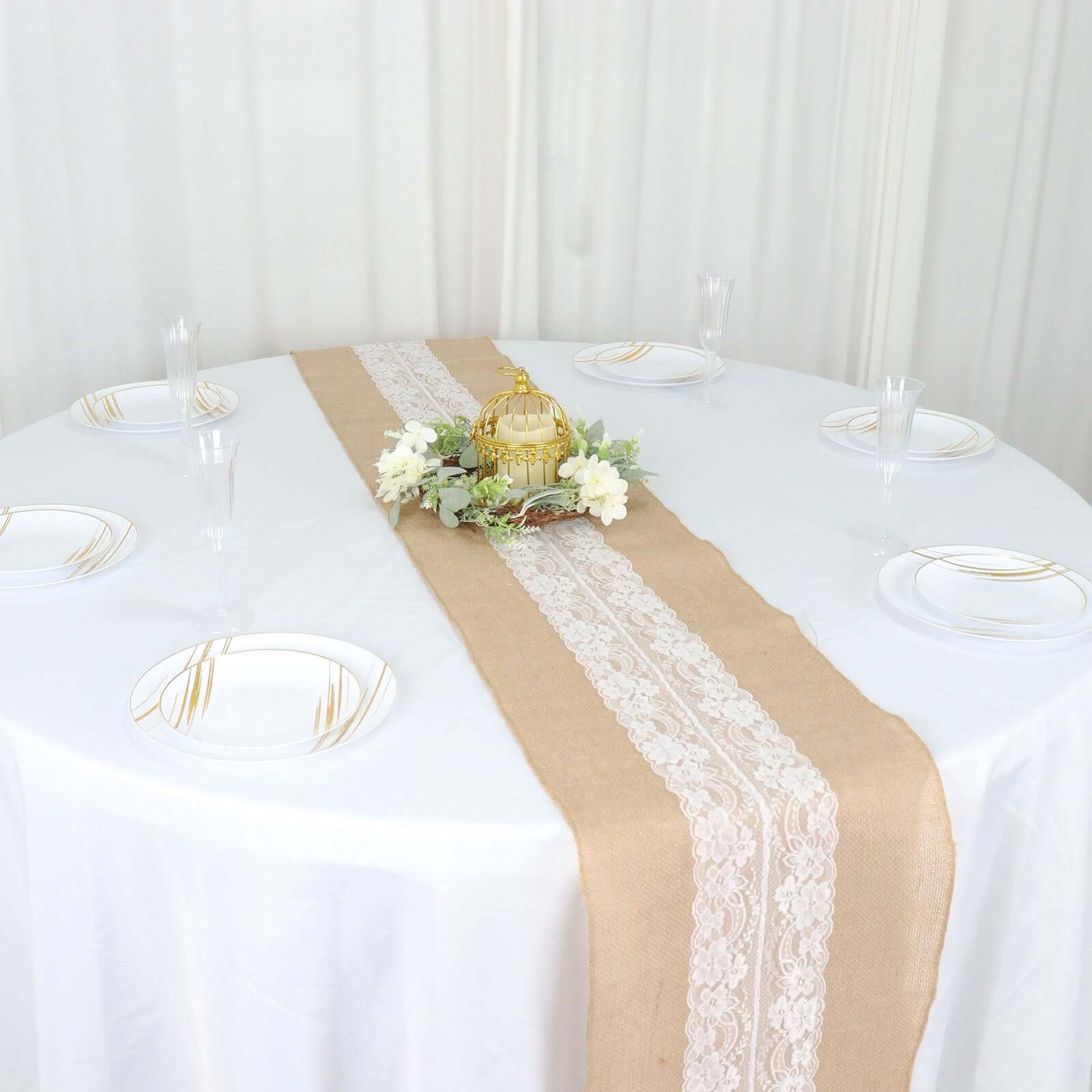 Burlap Jute 14x106 Table Runner Natural With White Middle Lace - Rustic Vintage Tabletop Decor