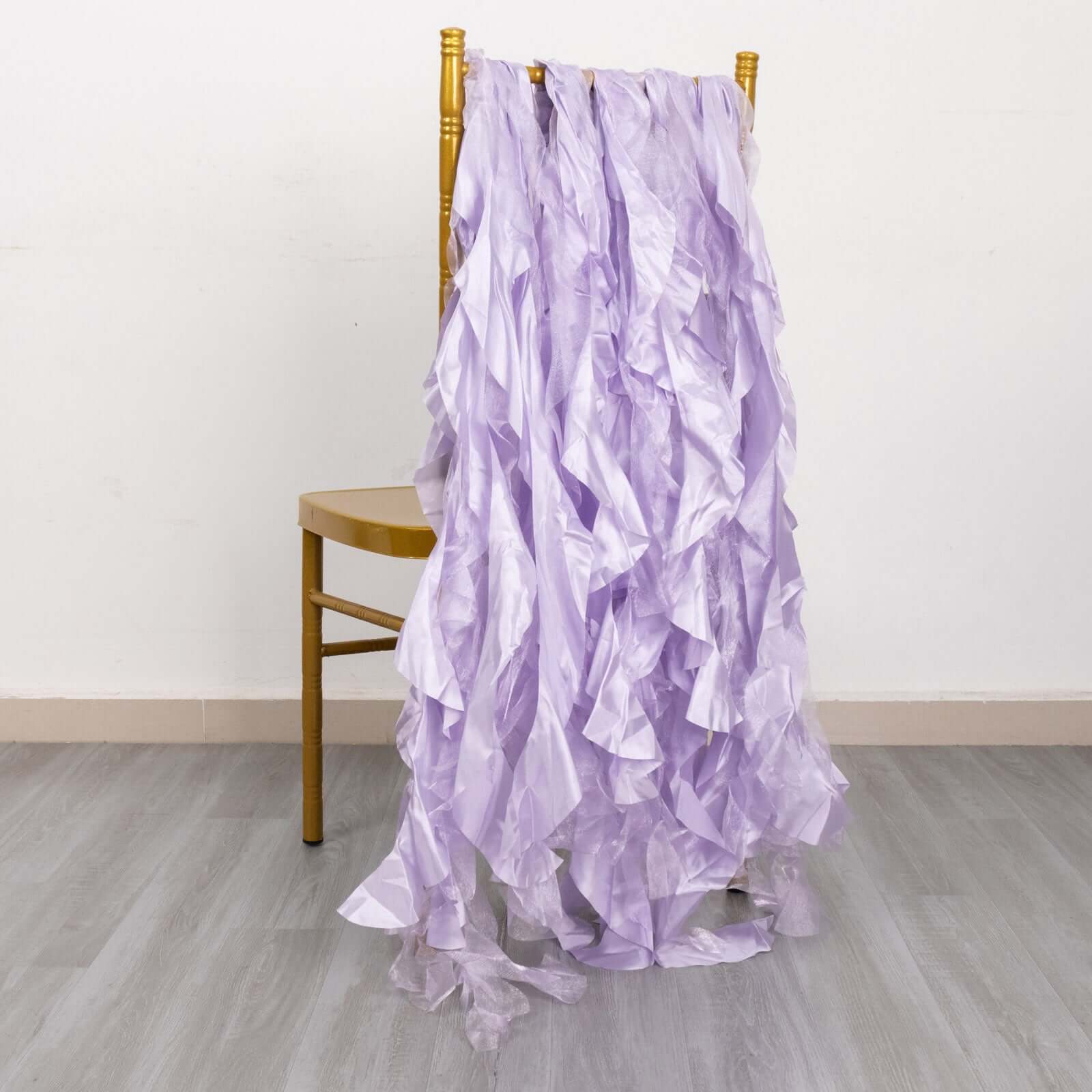 5 Pack Chiffon Satin Chair Sashes Lavender Lilac - Easy to Install Ruffled Curly Willow