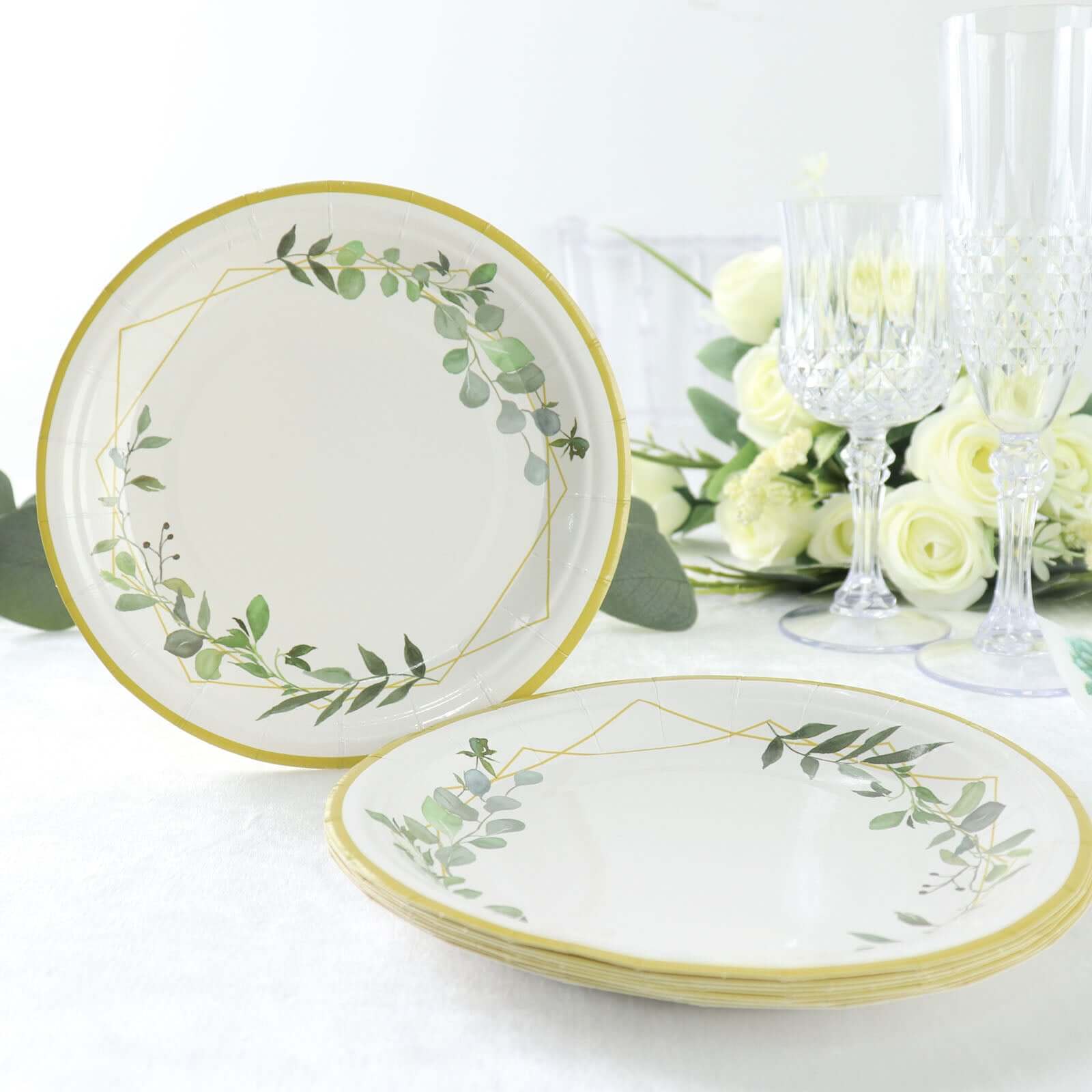 24-Pack Paper 7 Round Dessert Plates in White with Eucalyptus Leaves & Gold Rim - Disposable 300GSM Salad Plates for Garden Weddings & Celebrations