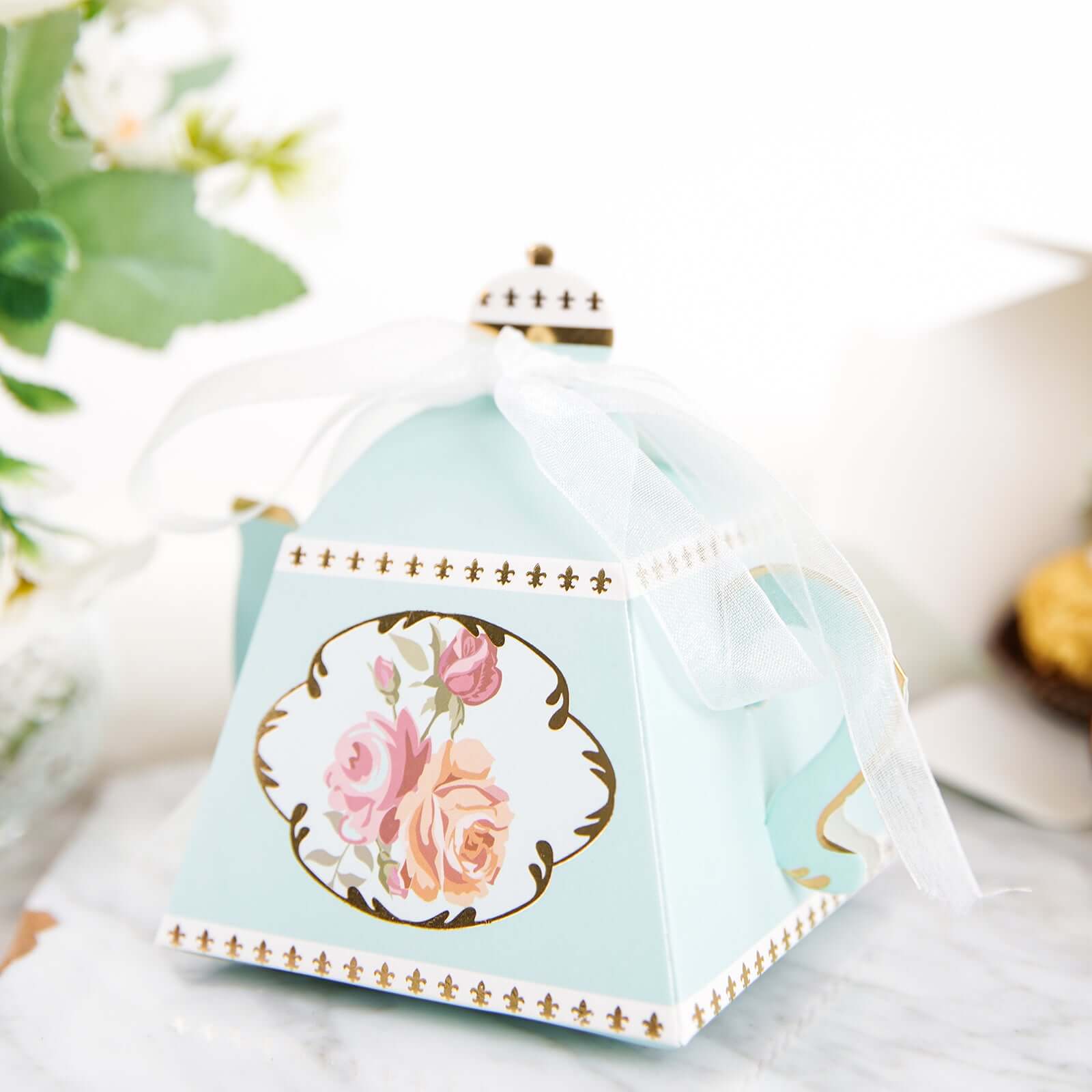 25 Pack 4 Light Turquoise Mini Teapot Favor Boxes, Vintage Rose Gift Boxes with Ribbons