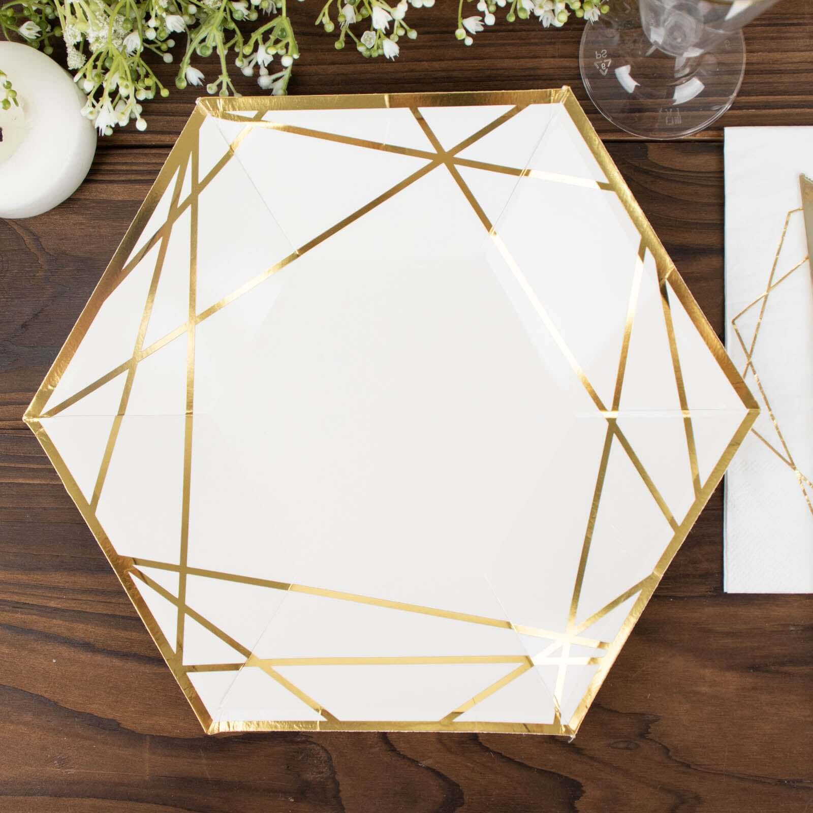 25-Pack Paper 9 Hexagon Dinner Plates in White with Gold Geometric Lines & Rim - Stylish Disposable Geometric 300GSM Party Plates for Events & Banquets