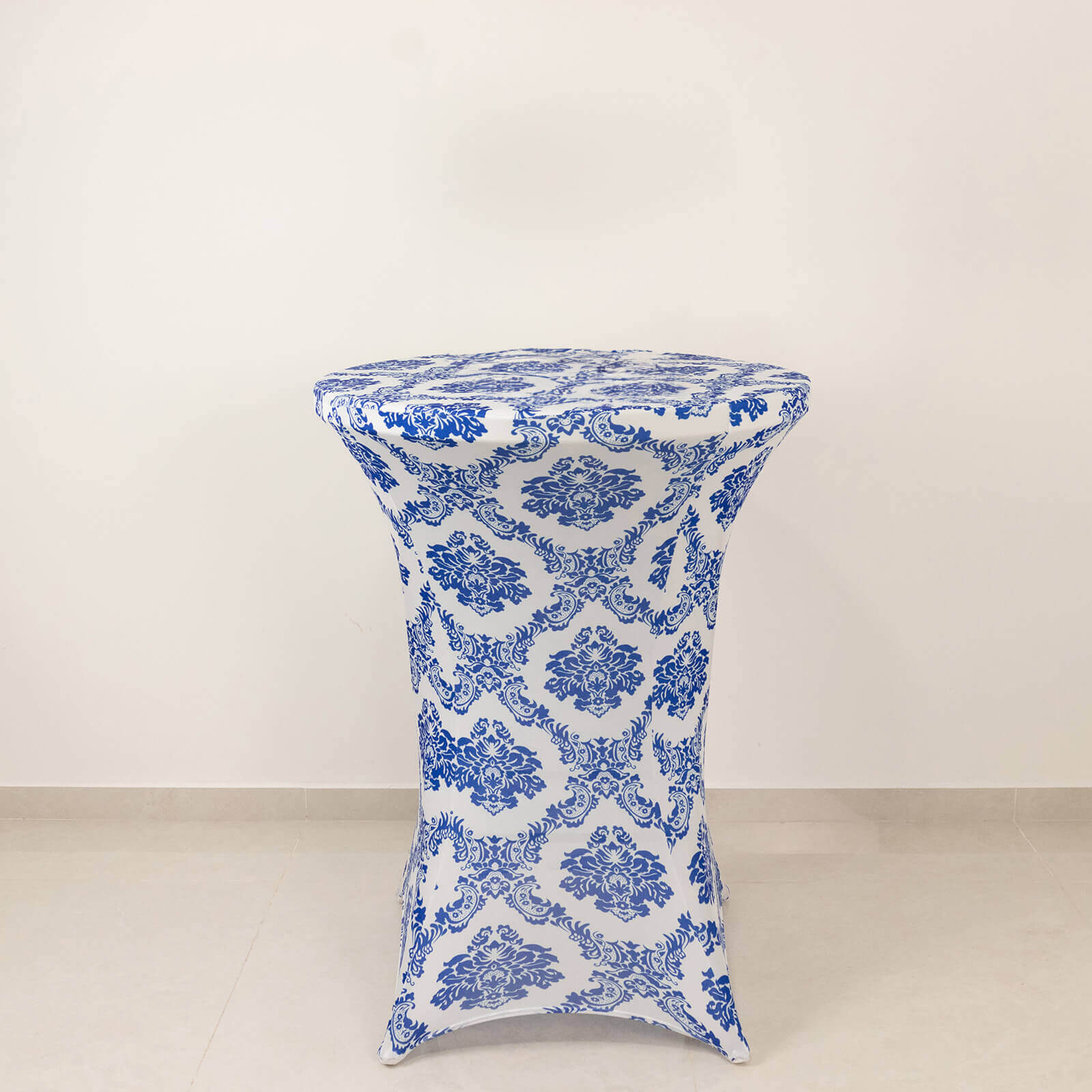 Spandex 24-32 Round Cocktail Table Cover Royal Blue Damask Highboy Tables - Easy to Maintain Stretch Fitted Tablecloth