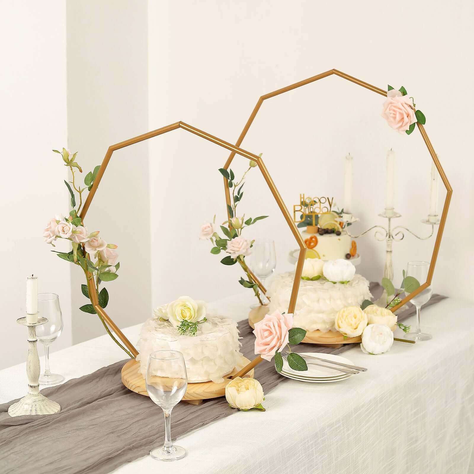 Metal Nonagon Floral Hoop Cake Stand Gold - Chic Geometric Dessert Display DIY Centerpiece Table Decoration With Wooden Base 27