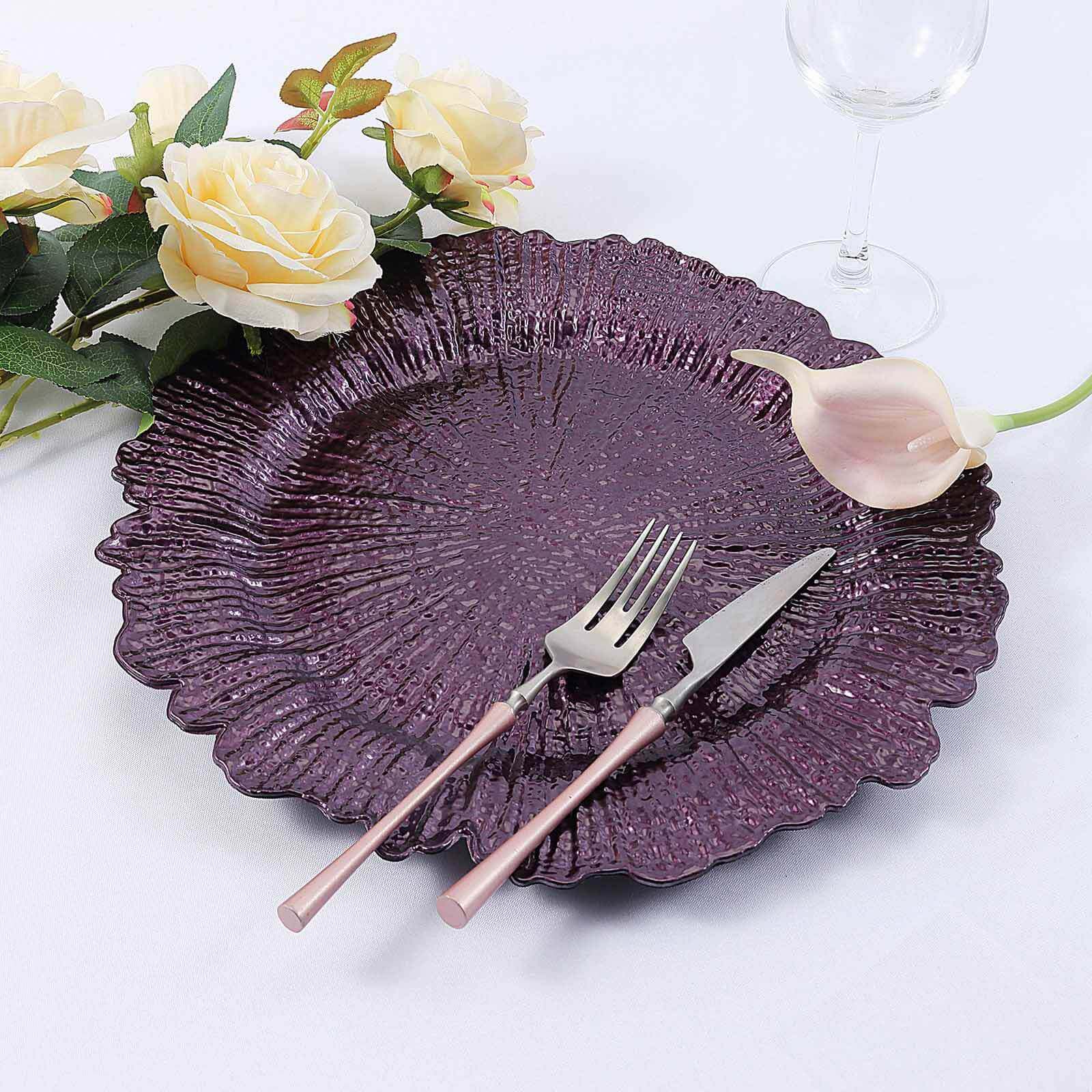 6-Pack Acrylic Plastic Round Charger Plates 13 in Purple with Reef Design, Dinner Charger Tableware