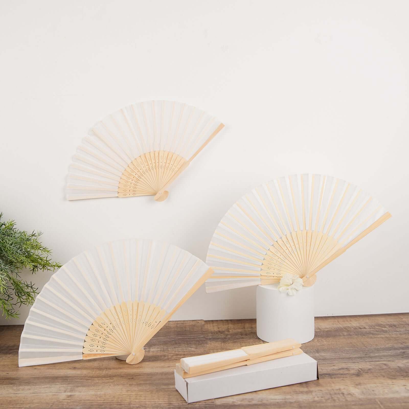 5 Pack White Asian Silk Folding Fans Party Favors, Oriental Folding Fan Favors