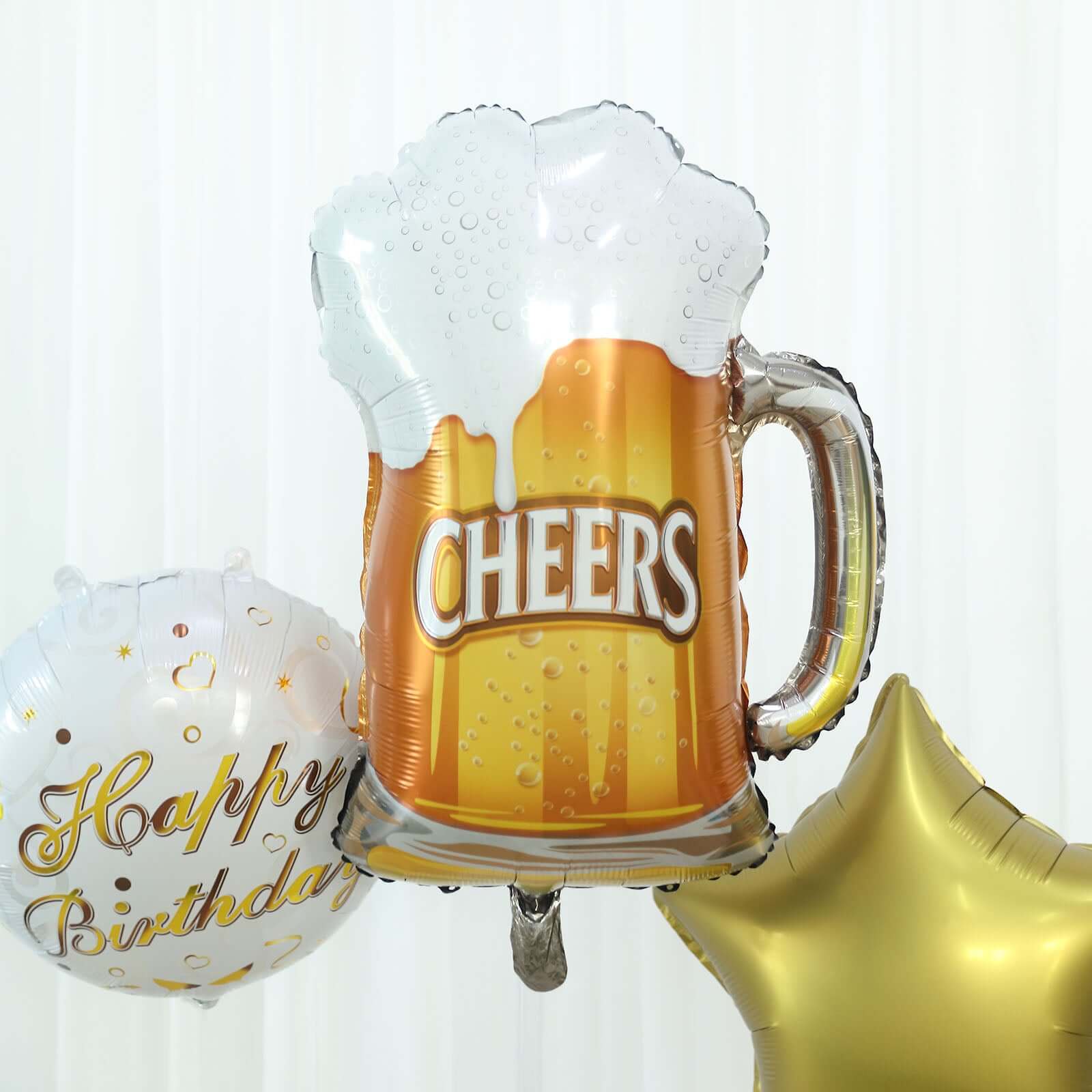 Set of 5 White Gold Round Happy Birthday Mylar Foil Helium Balloon Set, Cheers Beer Mug, Star Balloon Bouquet With Ribbon Birthday Party Decorations