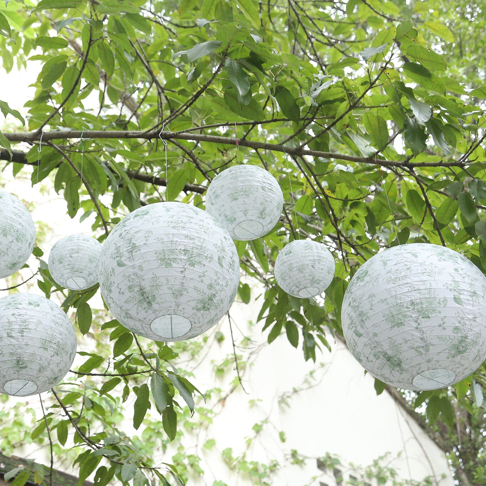 Set of 8 White Sage Green Hanging Chinese Lanterns in French Toile Floral Pattern, Festival Paper Lanterns - 6,8,10,14