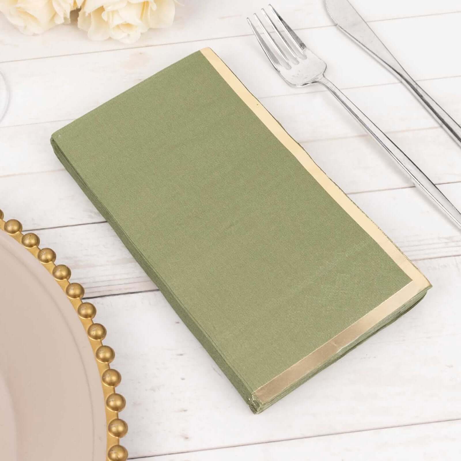 50-Pack Paper Dinner Napkins Olive Green with Gold Foil Edge 2 Ply - Stylish Disposable Napkins