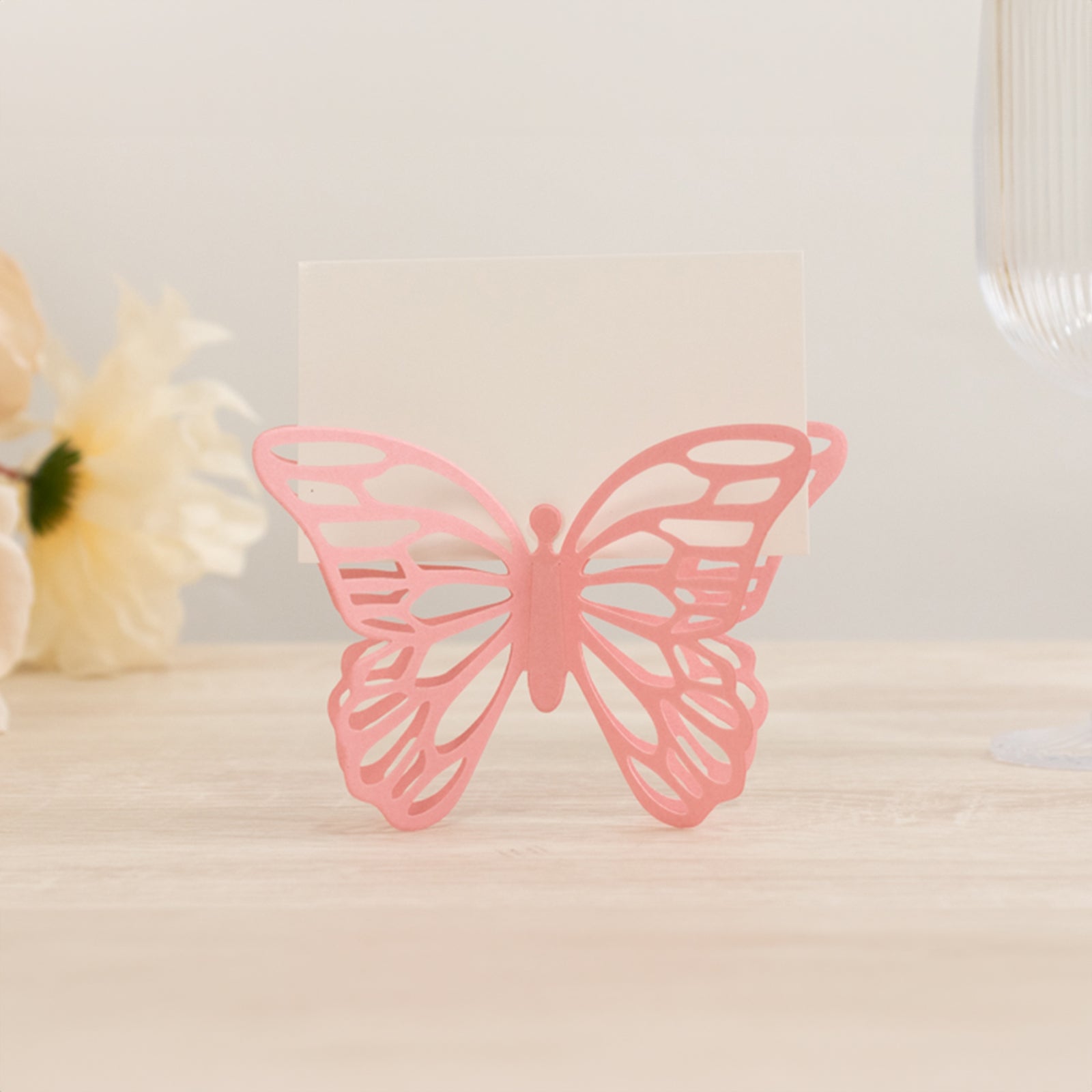 25-Pack Paper Butterfly Place Card Holders Pink with White Printable Cards - 3D Free Standing Table Number Stands 3x5