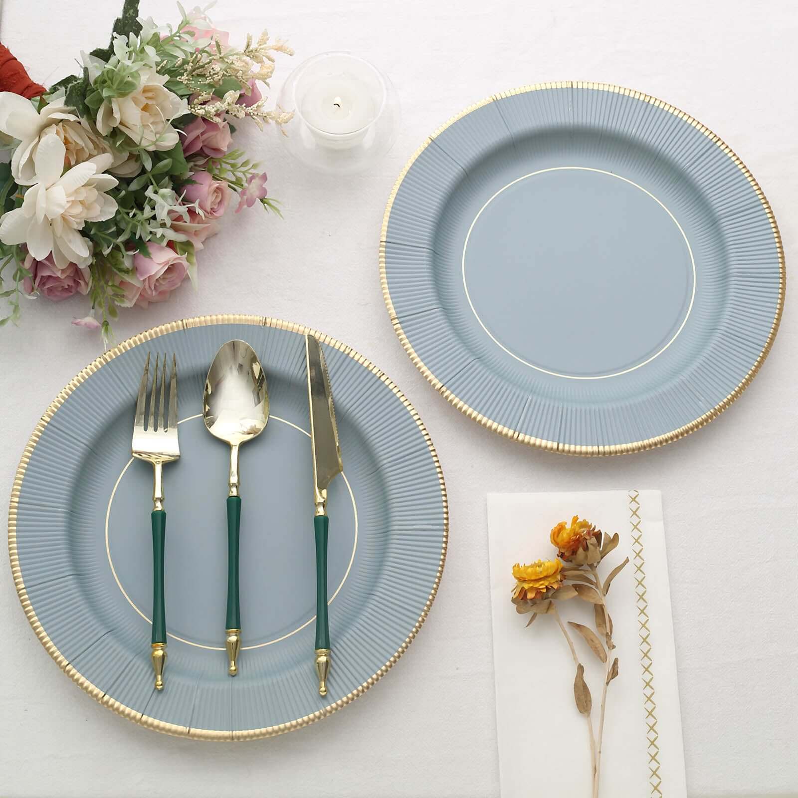 25-Pack Paper 10 Round Dinner Plates in Dusty Blue Sunray Design with Gold Rim - Disposable Heavy Duty 350GSM Party Plates