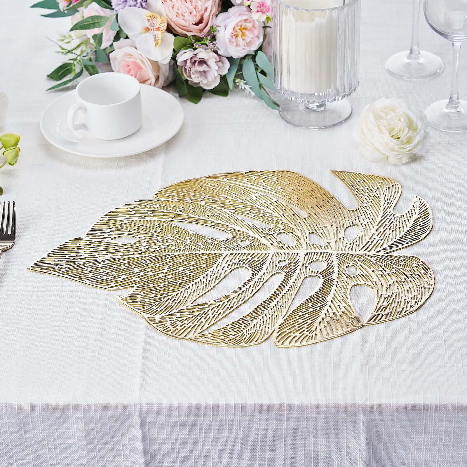 6-Pack Dining Table Mats Monstera Leaf Design Gold - Vinyl Non-Slip Surface for Tropical Themes 18