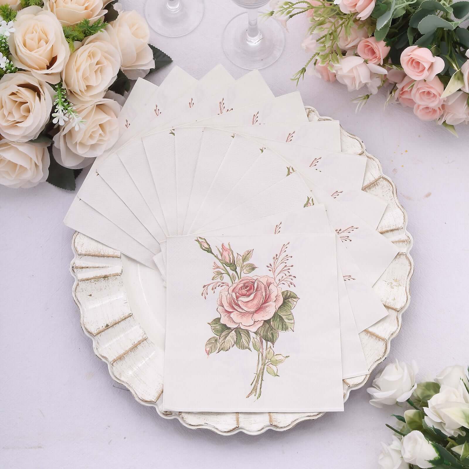 50-Pack Paper Beverage Napkins with Pink Floral Design Ivory - 2 Ply Soft 18GSM Rose Garden Wedding Napkins 6.5x6.5