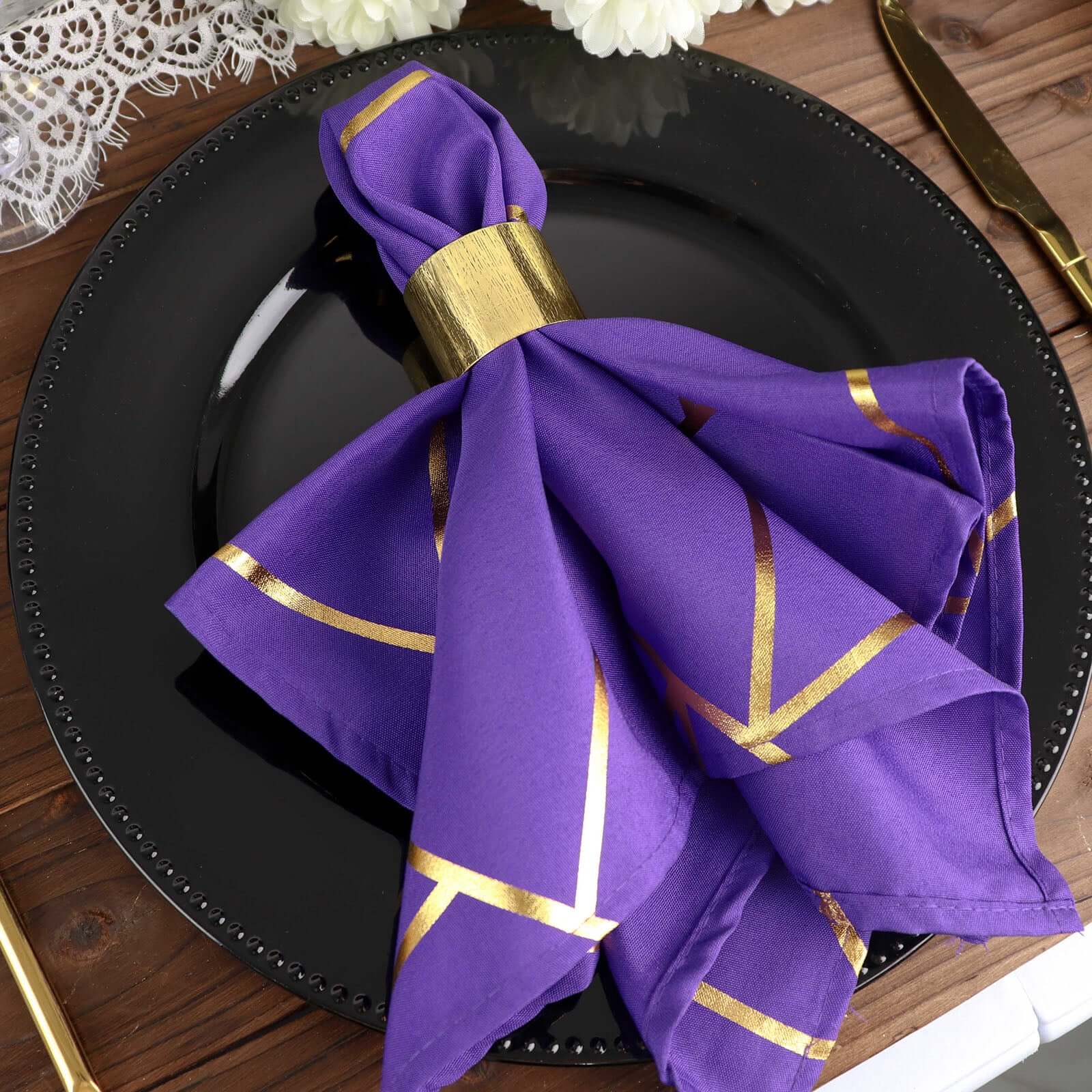 5 Pack Polyester 20x20 Napkins Purple with Gold Geometric Foil Pattern - Modern Reusable Dinner Napkins