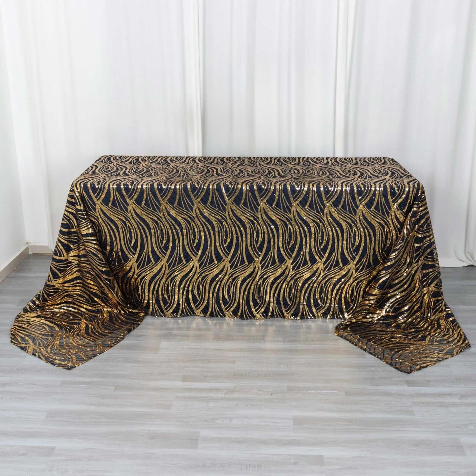 Mesh 90x156 Rectangle Tablecloth Black/Gold - Wave Sequin Embroidered Table Cover