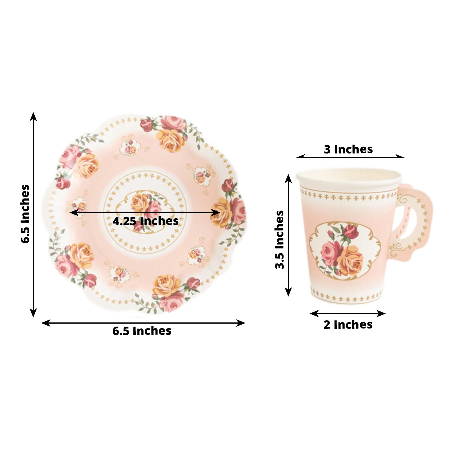 Set of 25 Paper Cups and Saucers in Dusty Rose with Rose Floral Print - Vintage Inspired Disposable Tea Party Decorations