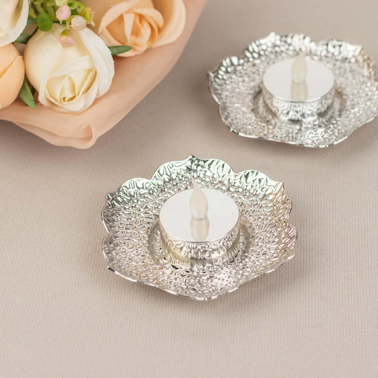 3-Pack Metal Votive Candle Holders Plum Blossom Design Shiny Silver - Vintage Mini Tea Cup Saucers 4