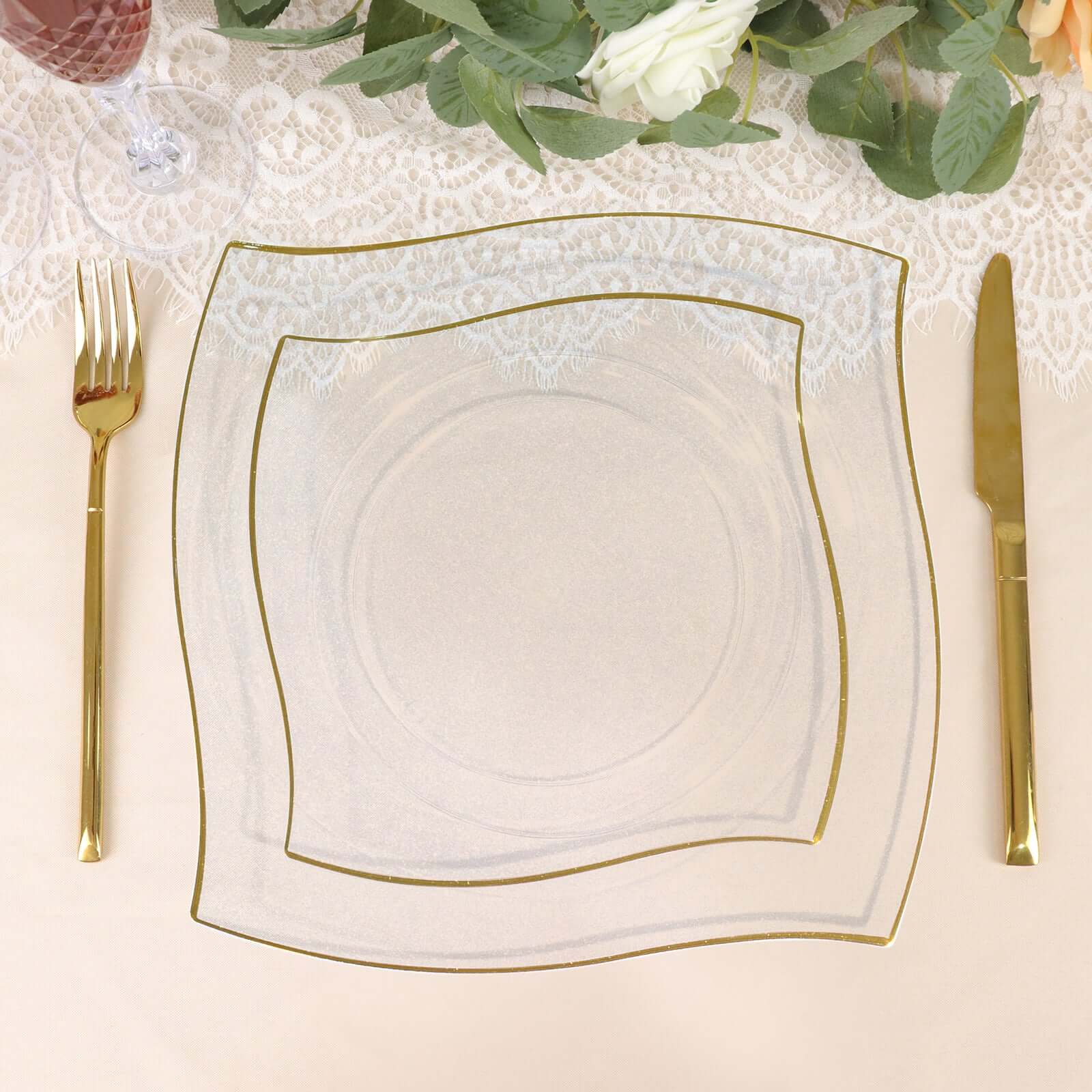 10-Pack Plastic 8 Square Dessert Plates in Clear with Gold Wavy Rim Modern - Disposable Salad Appetizer Party Plates