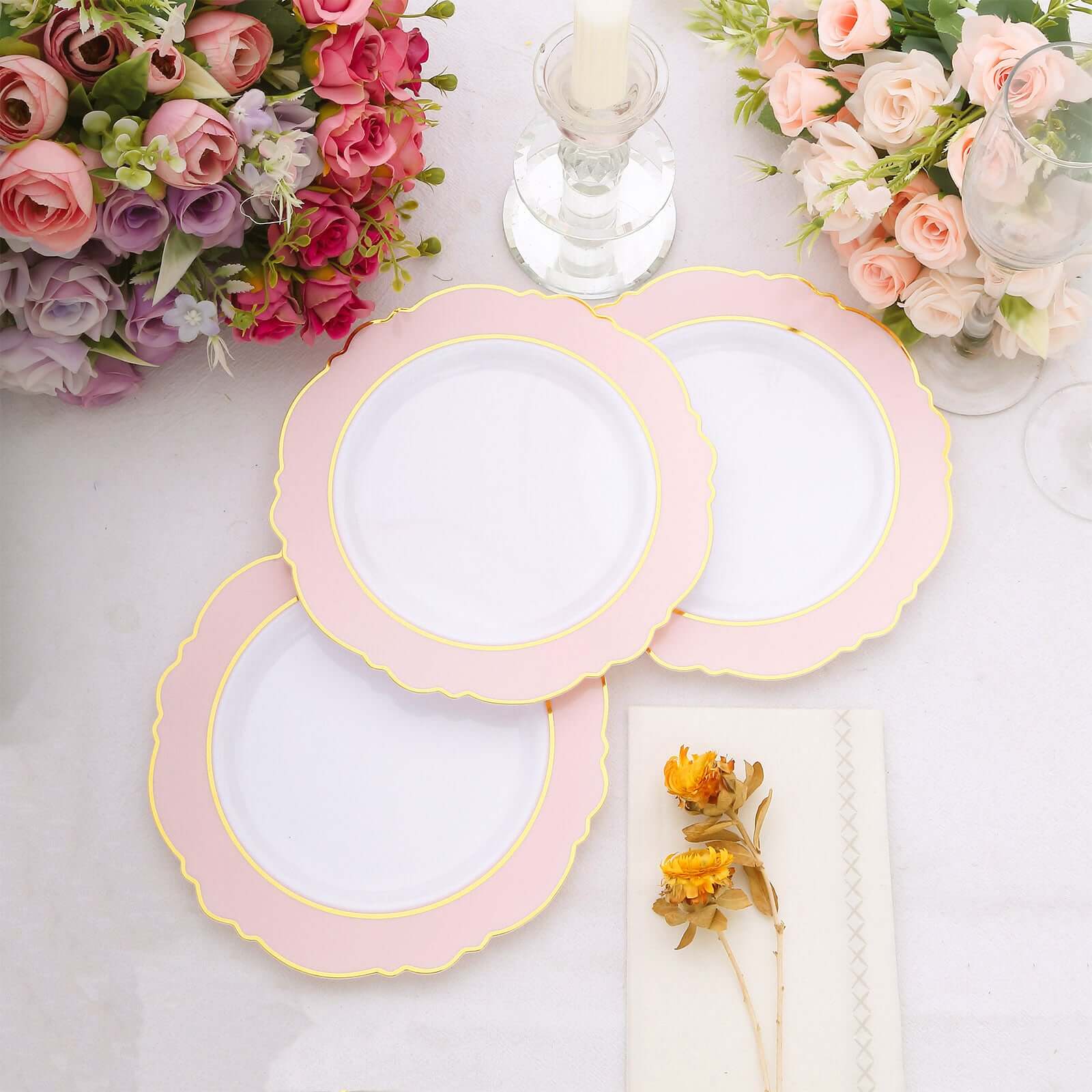 10-Pack Plastic 8 Round Dessert Plates in White with Blush Blossom Design & Gold Edging - Disposable Salad Appetizer Plates