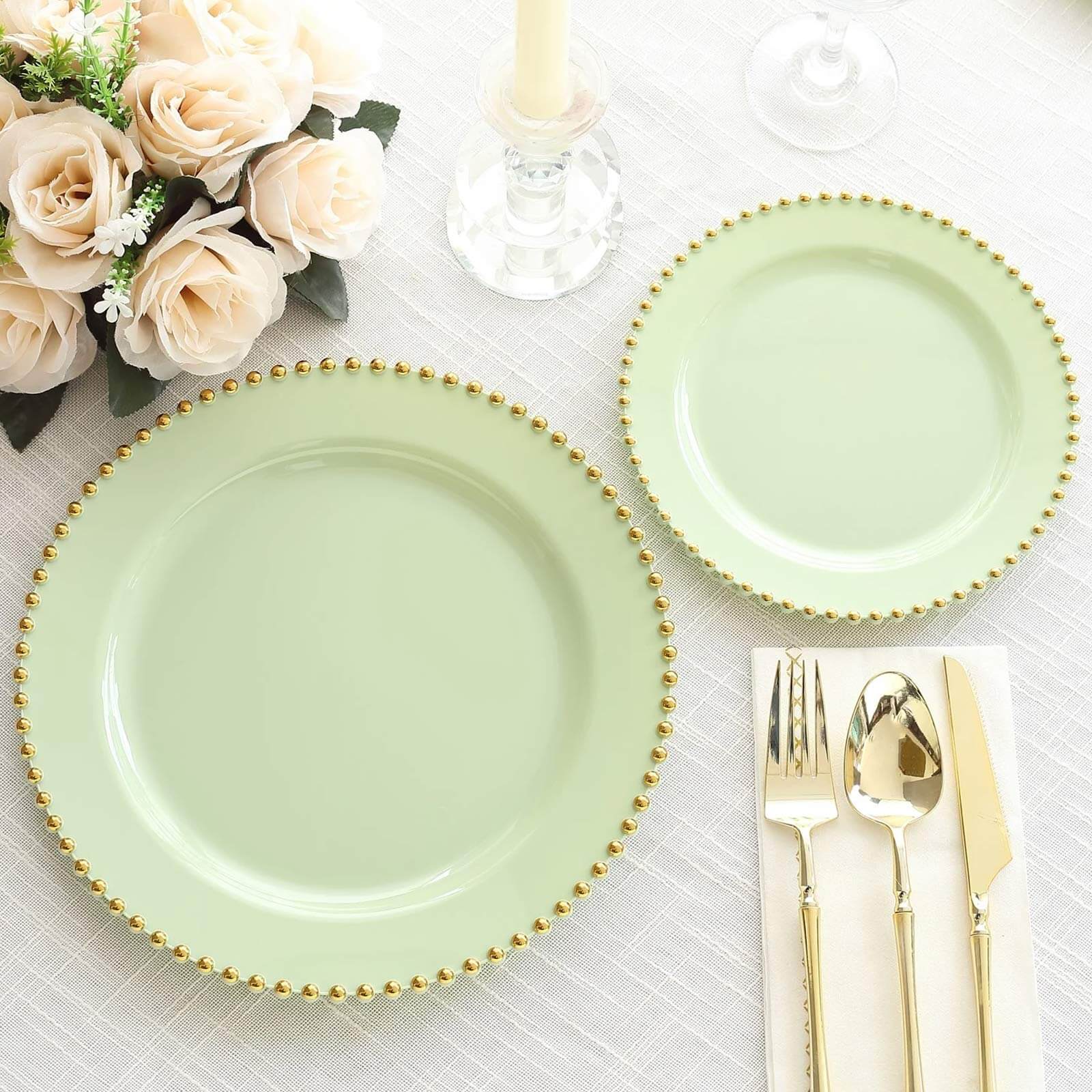 10-Pack Plastic 10 Round Dinner Plates in Sage Green with Gold Beaded Rim - Disposable Party Plates