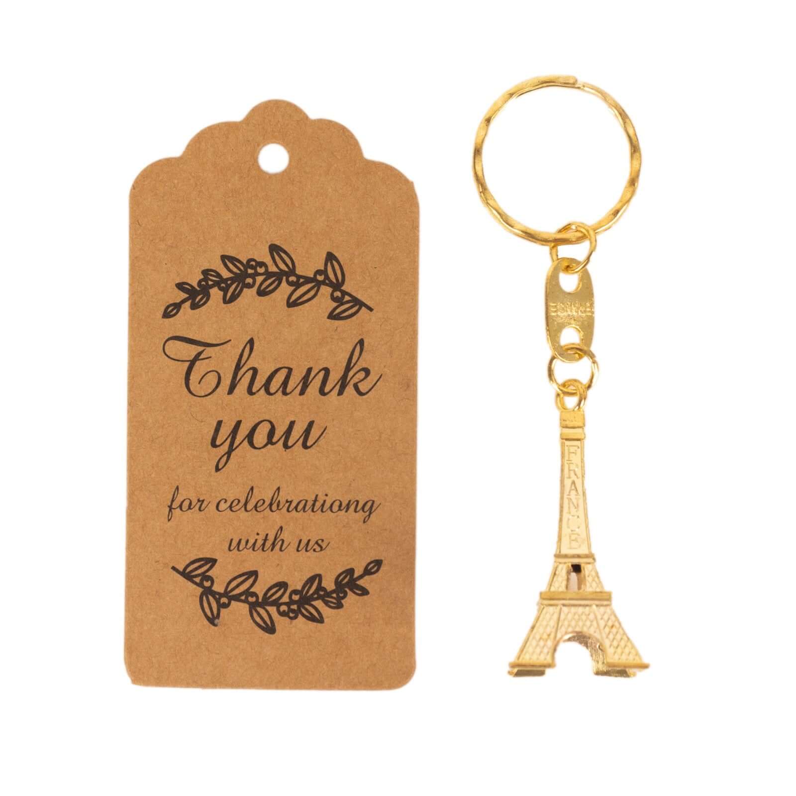 10 Pack Gold Plastic Paris Eiffel Tower Keychain Wedding Favors, 4 Bridal Shower Party Souvenirs With Thank You Tag