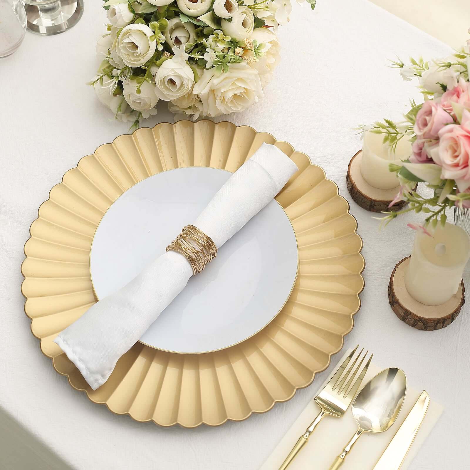 6-Pack Plastic Round Charger Plates 13 in Gold with Scalloped Shell Pattern, Coastal Inspired Disposable Charger Tableware