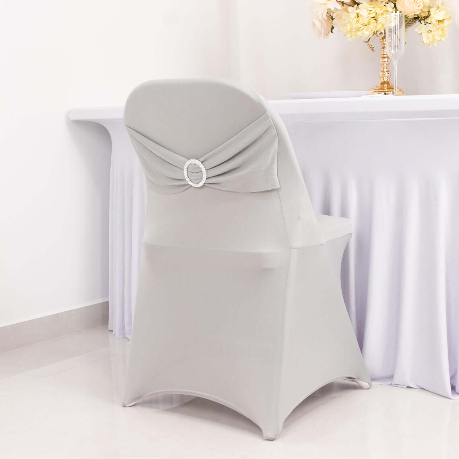 Stretch Spandex Chair Cover Silver for Folding Chairs - Secure Fit Slipcover with Silver Rhinestone Buckled Sash Band