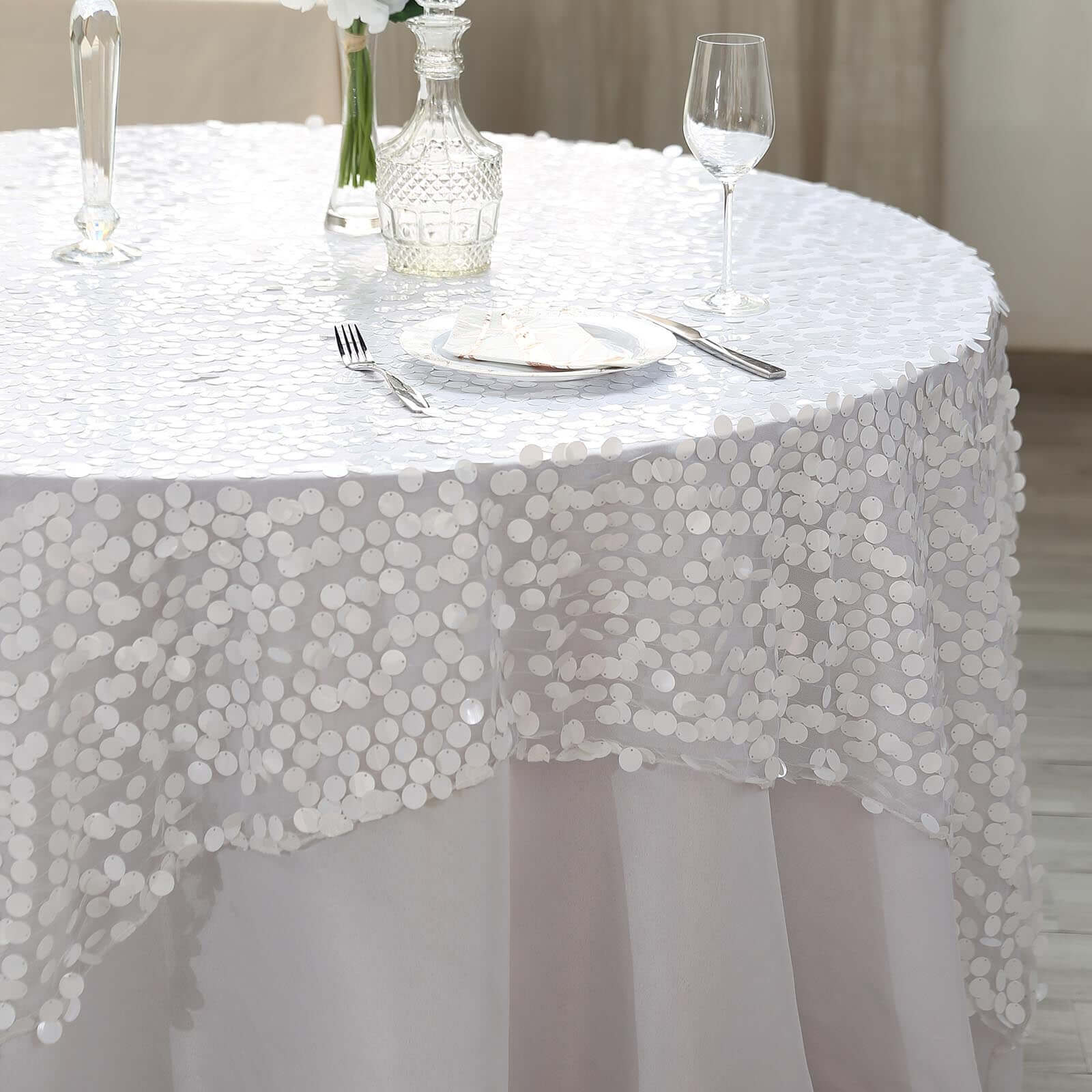 Sequin 72x72 Table Overlay Square Tablecloth White - Big Payette Design for Classy Celebrations