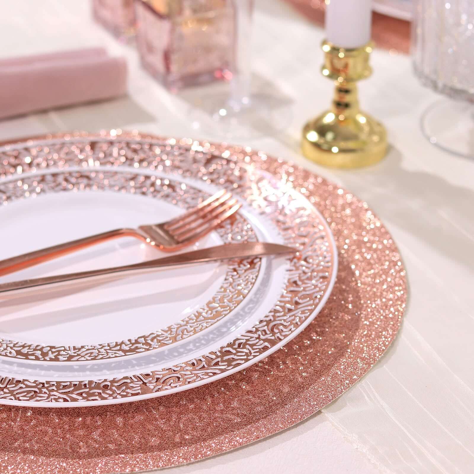 6-Pack Placemats Glitter Design Rose Gold Sparkle Round - Non-Slip Decorative Dining Table Mats 13