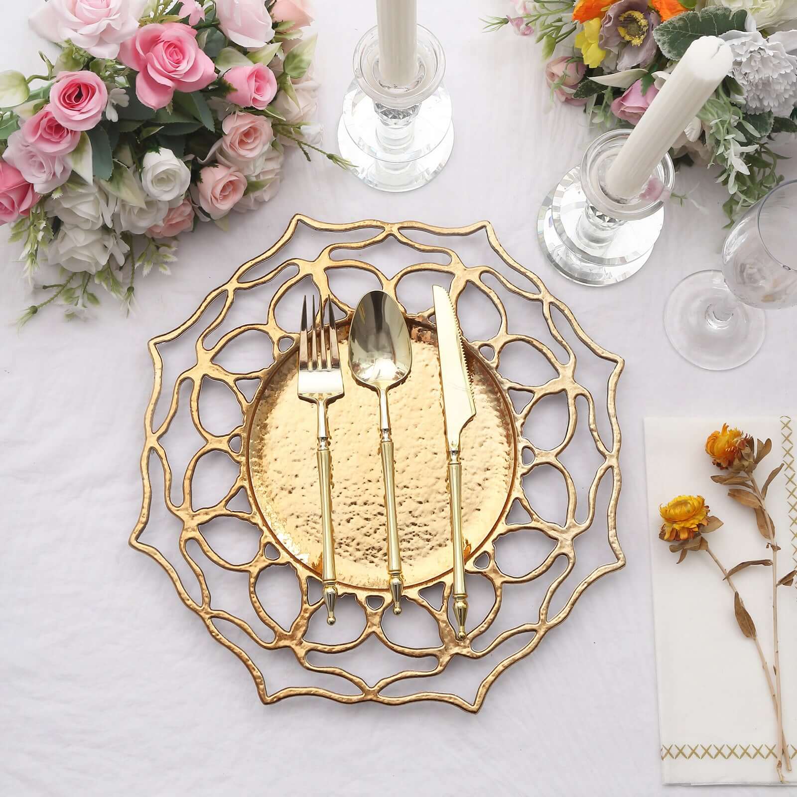 6-Pack Acrylic Round Charger Plates 13 in Gold with Floral Cutout Design, Hollow Flower Plastic Decorative Dinner Party Charger Tableware