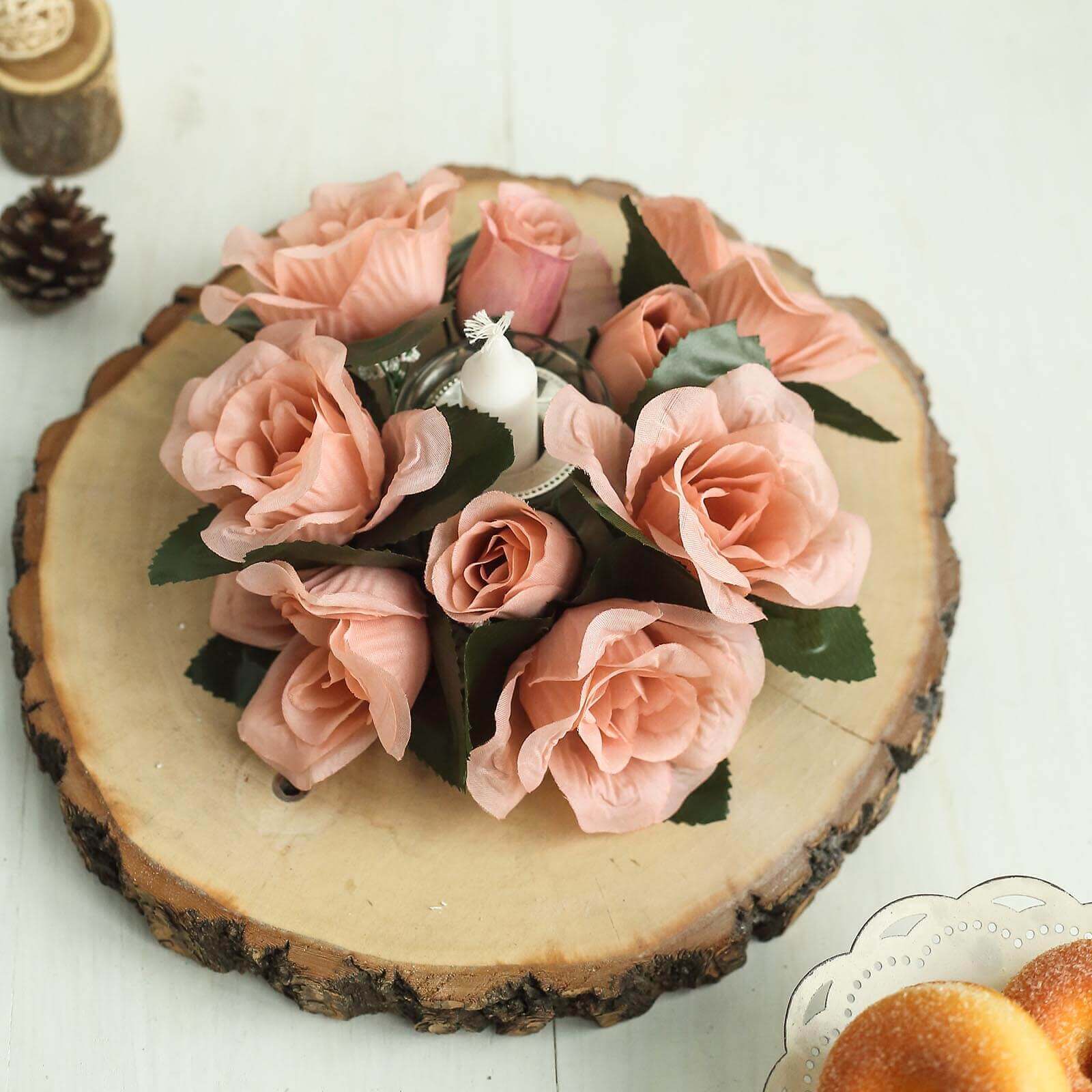 4 Pack 3 Dusty Rose Artificial Silk Rose Flower Candle Ring Wreaths