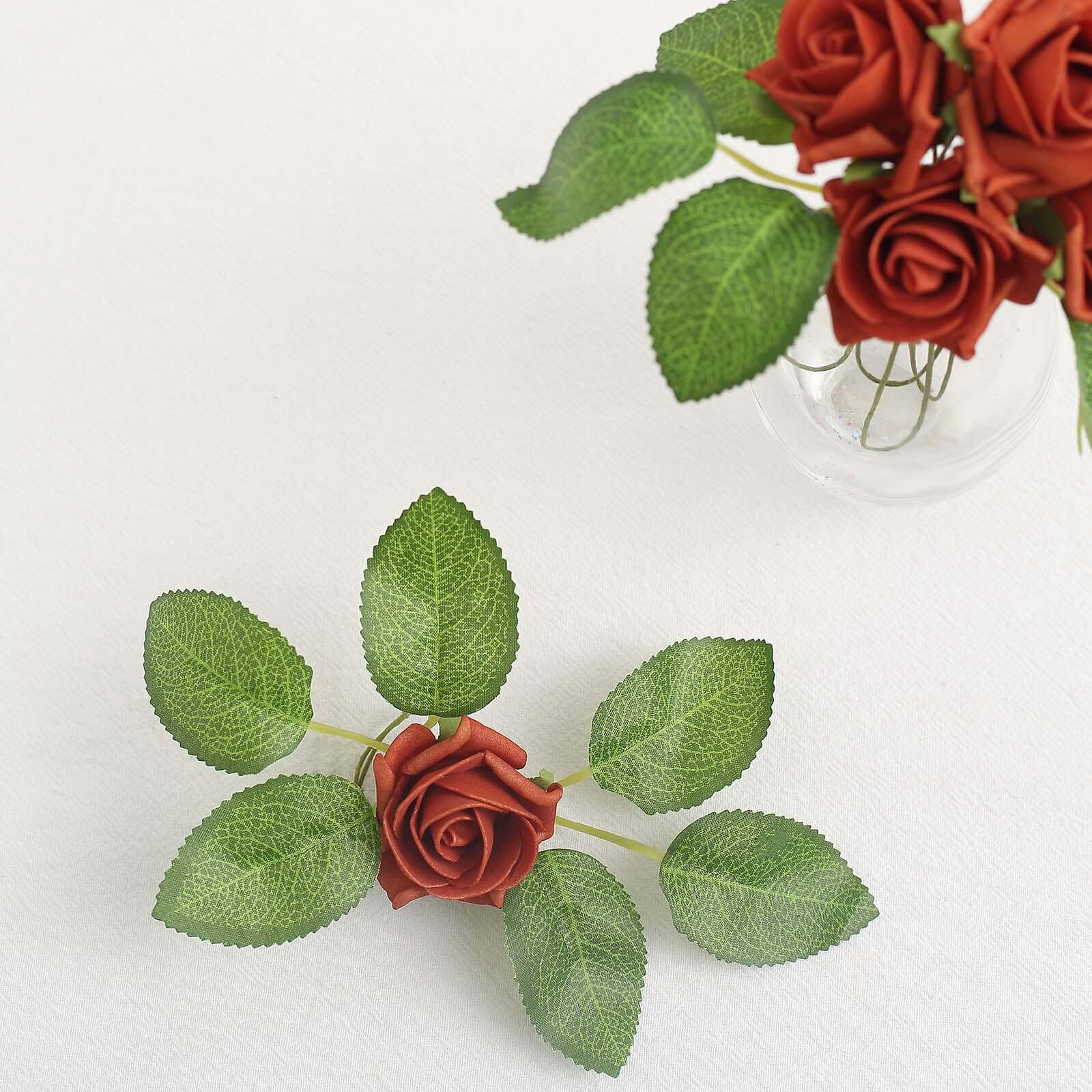 24 Roses 2 Terracotta (Rust) Artificial Foam Flowers With Stem Wire and Leaves