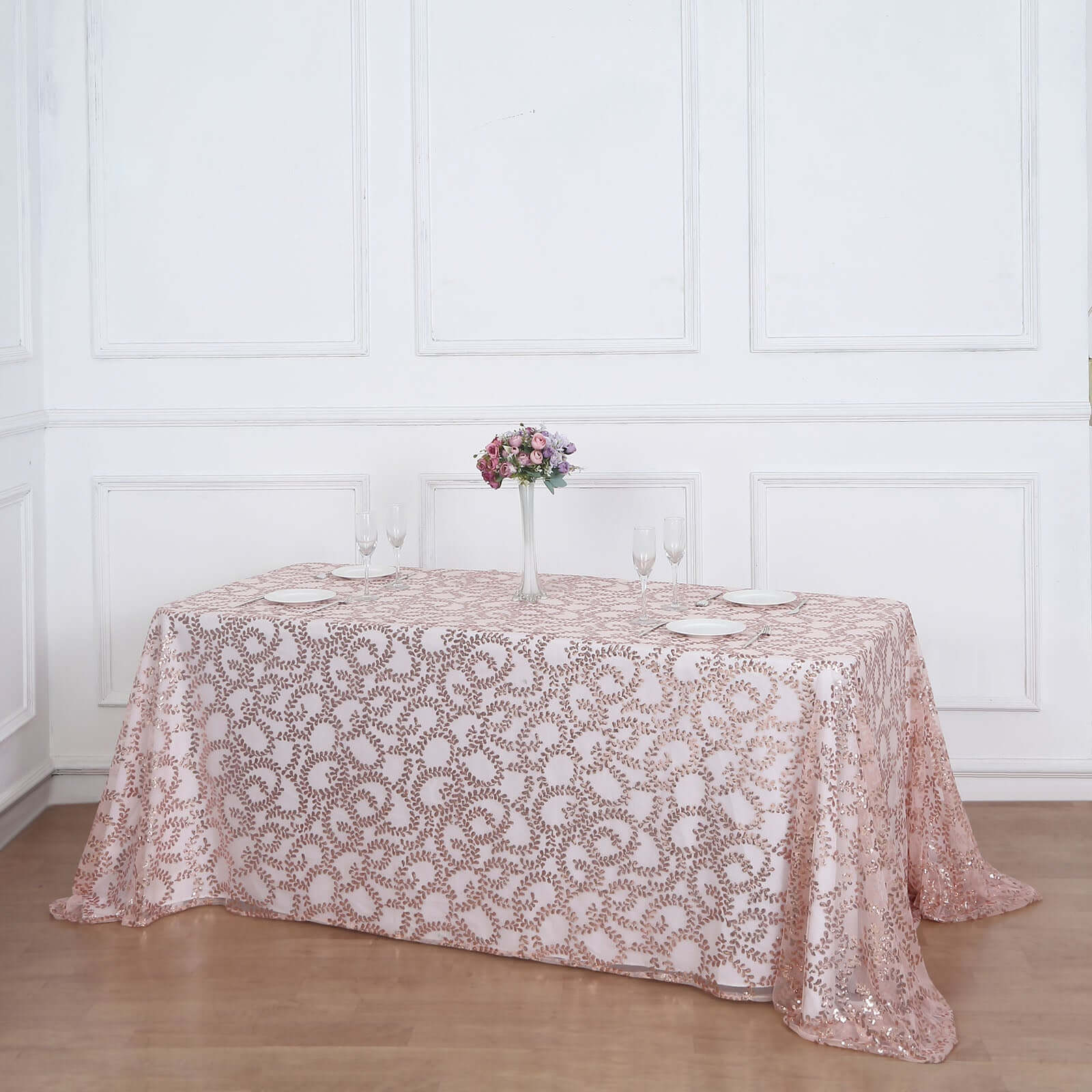Tulle 90x156 Rectangle Tablecloth Rose Gold - Sequin Leaf Embroidered Table Cover
