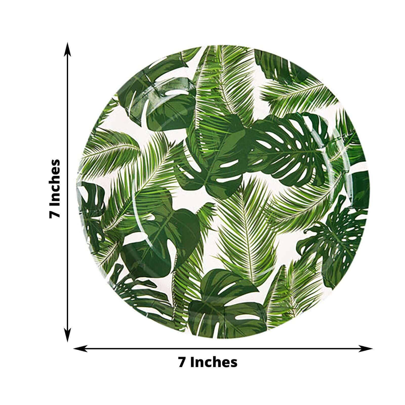 25-Pack Paper 7 Round Dessert Plates in White with Tropical Palm Leaf Design - Disposable 300GSM Appetizer Salad Plates for Boho Chic & Jungle Themed Events