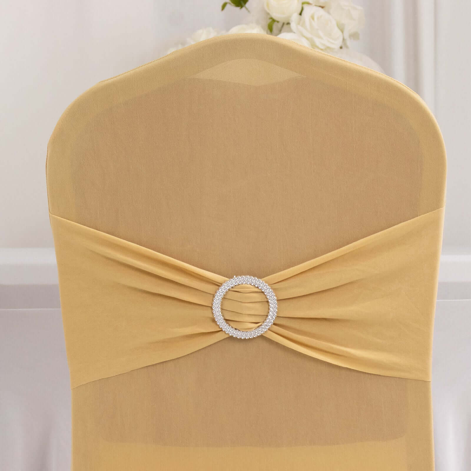 Spandex Chair Cover with Champagne Rhinestone Buckled Sash Band Blush - Stretch Fitted Slipcover