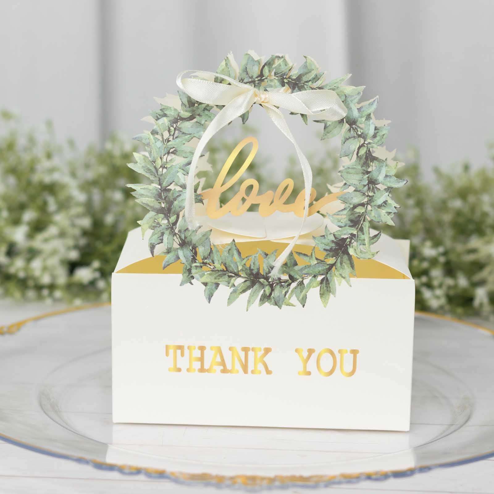 25 Pack White Thank You Candy Treat Boxes with Ribbon, Love Wreath Party Favor Gift Boxes - 6x3x7