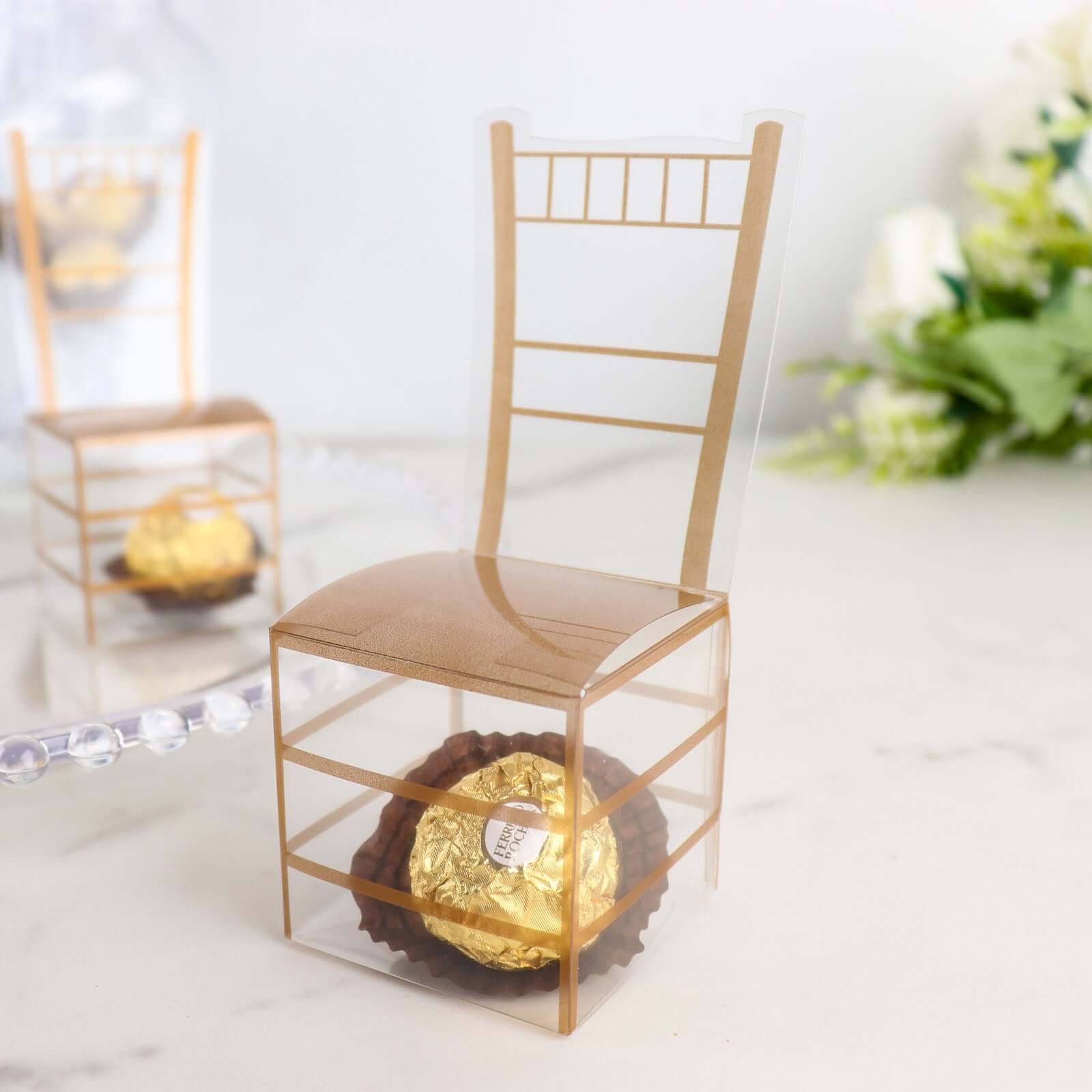 25 Pack Clear and Gold PVC Chiavari Chair-Shaped Party Favor Candy Gift Boxes - 2x5