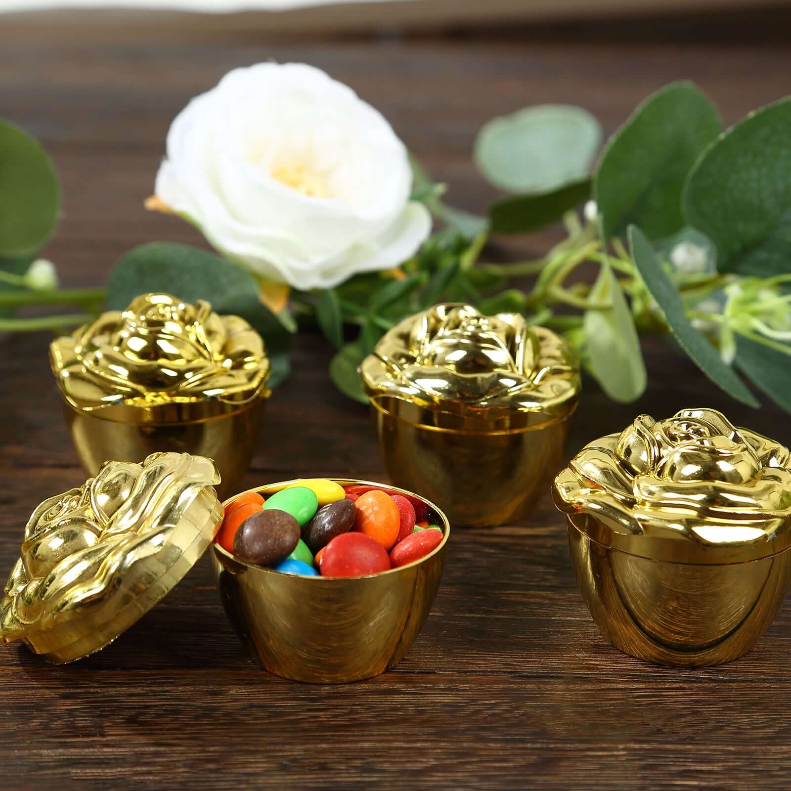 20-Pack Plastic Fillable Mini Candy Container in Vintage Rose Style Gold with Lids - Stylish Candy Treat Favor Boxes 2