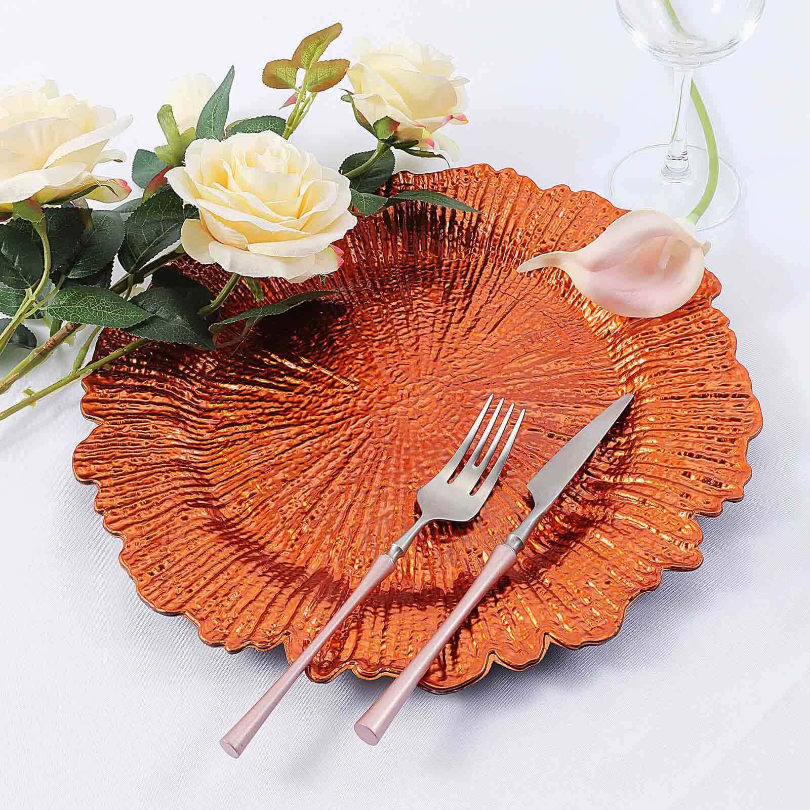 6-Pack Acrylic Plastic Round Charger Plates 13 in Orange with Reef Design, Dinner Charger Tableware