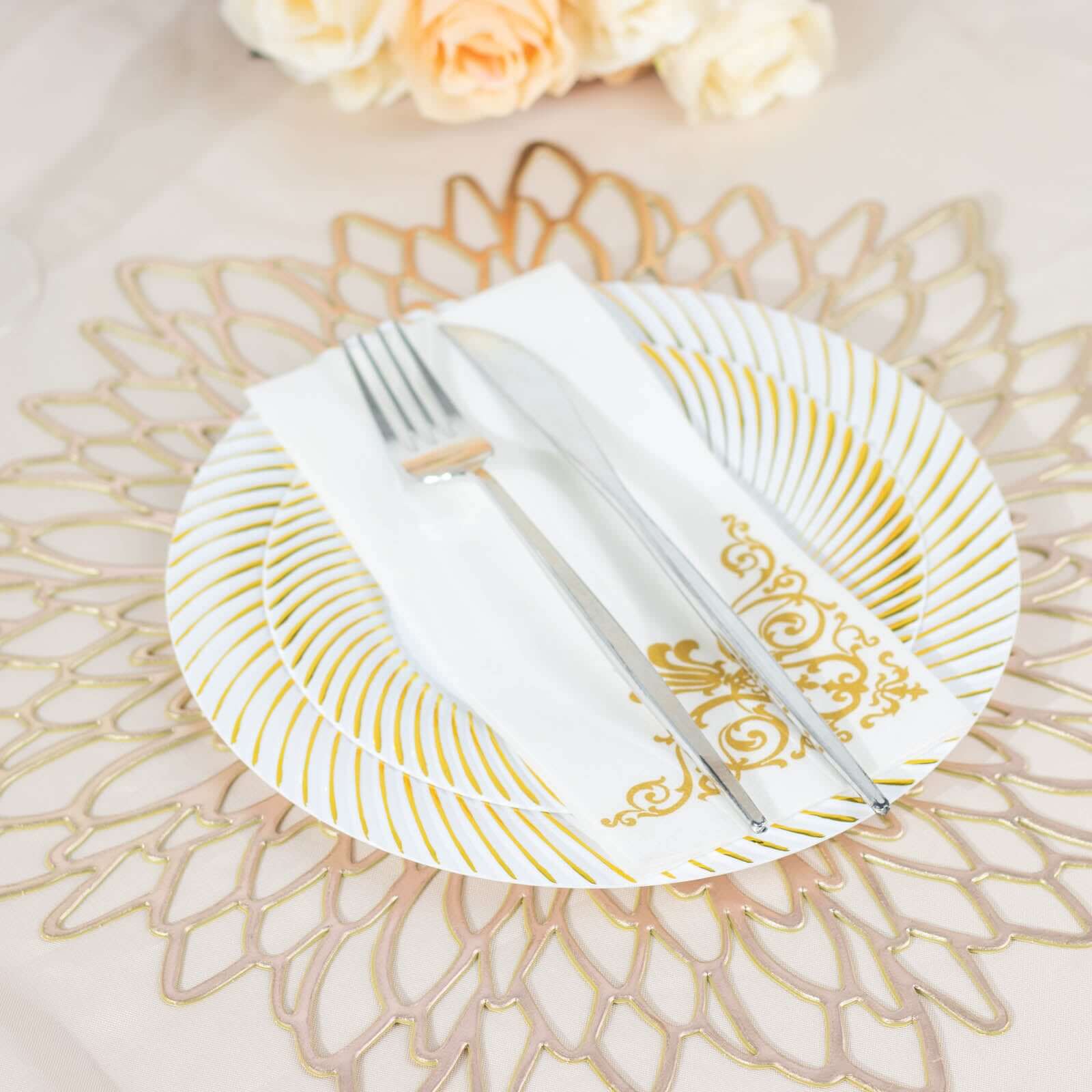 10-Pack Plastic 7 Round Dessert Plates in White with Gold Swirl Rim - Disposable Salad Plates for Classy Events & Banquets