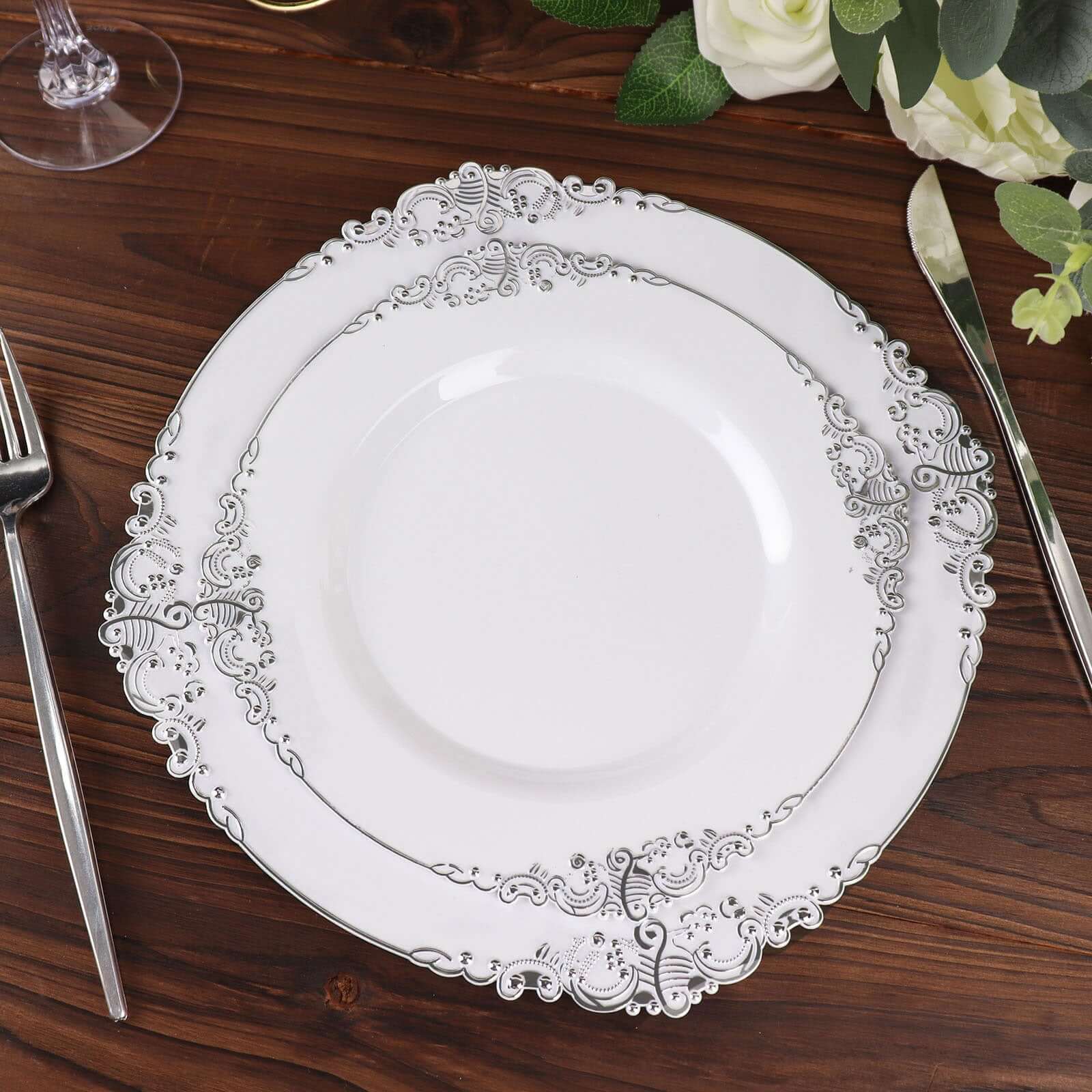 10-Pack Plastic 8 Round Dessert Plates in White with Silver Leaf Embossed Rim - Disposable Vintage Baroque Style Salad Plates