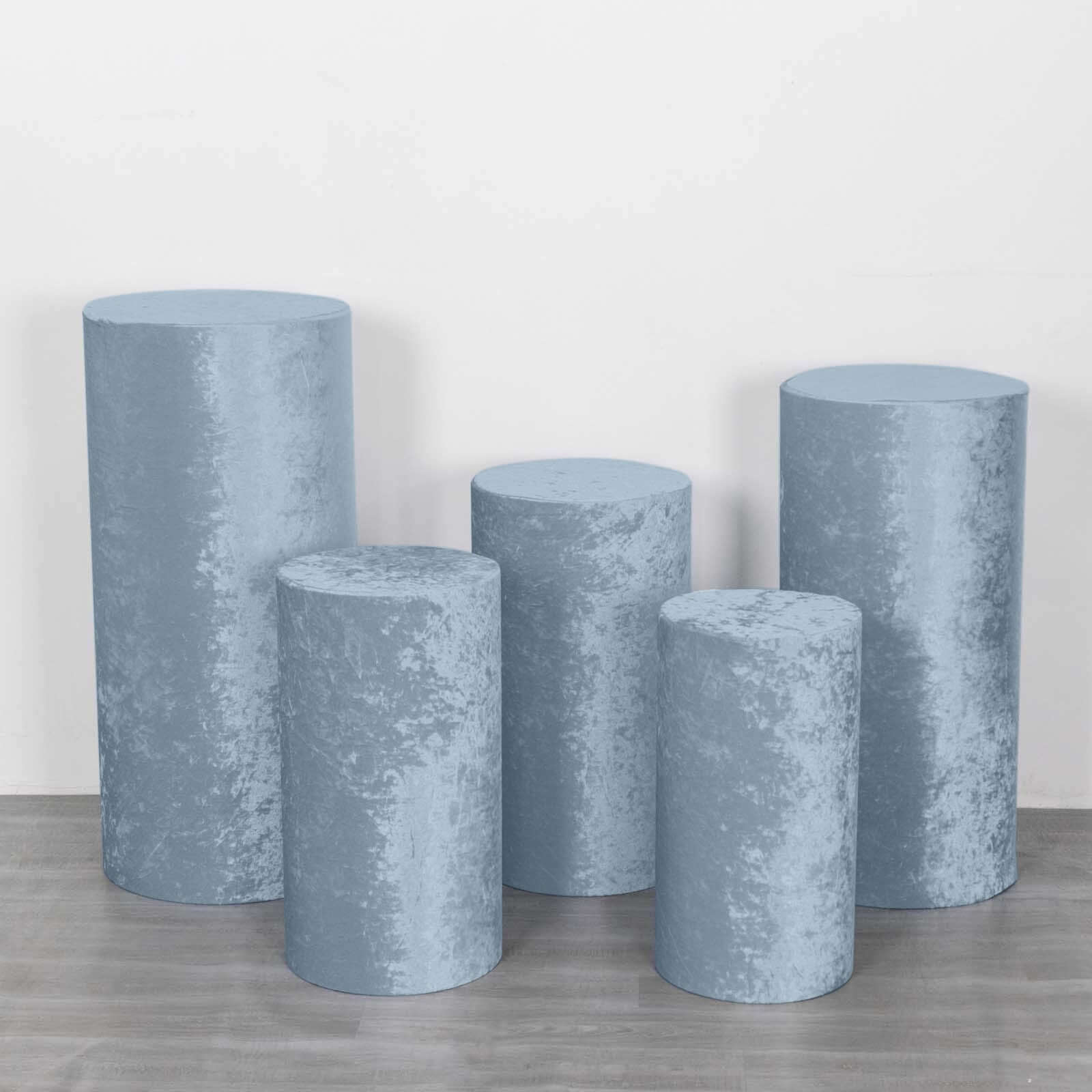 Set of 5 Dusty Blue Crushed Velvet Cylinder Pedestal Stand Covers, Premium Pillar Prop Covers