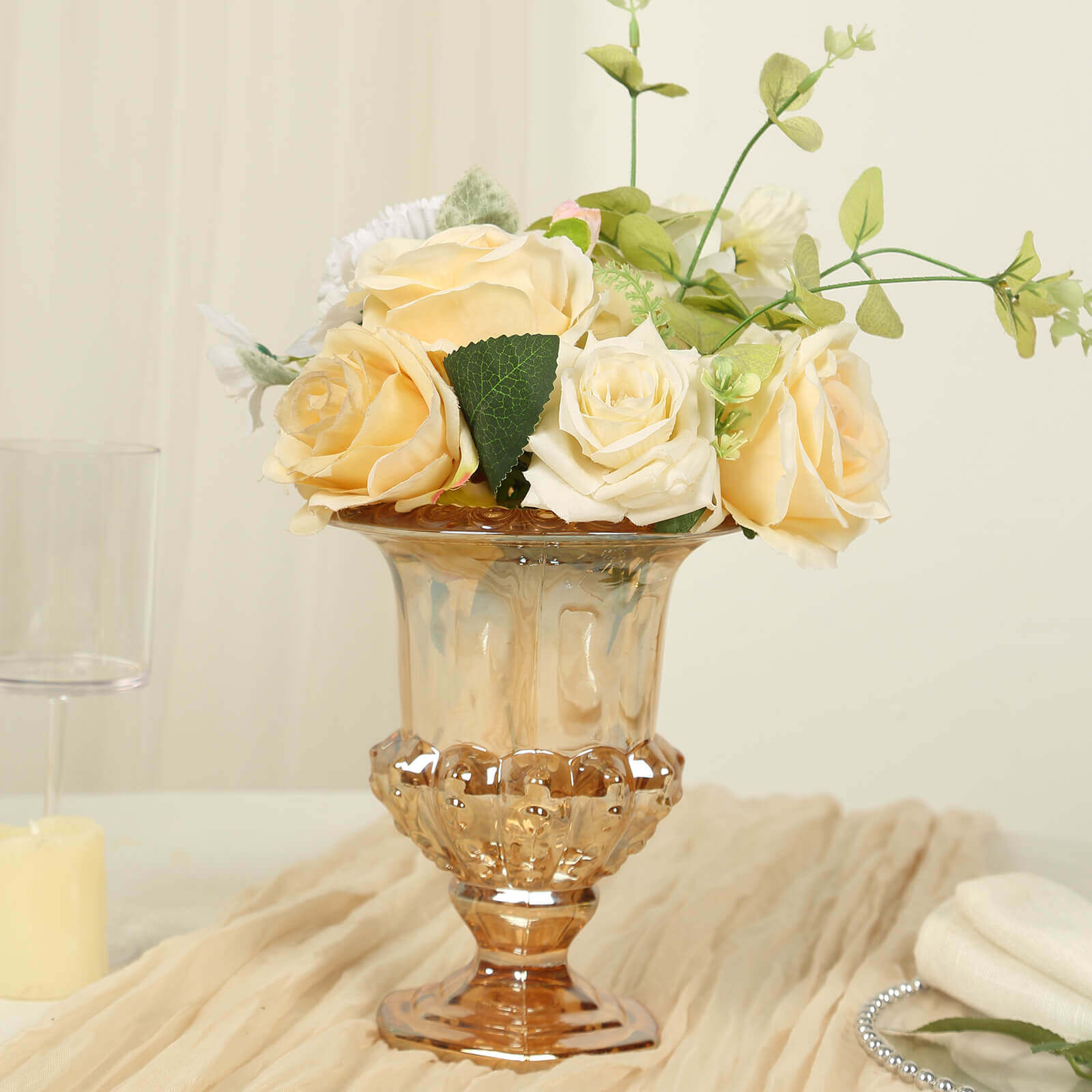 2-Pack Glass Mini Pedestal Flower Vases in Classic Roman Urn Style Amber Gold - Sophisticated Wedding Table Centerpieces 8