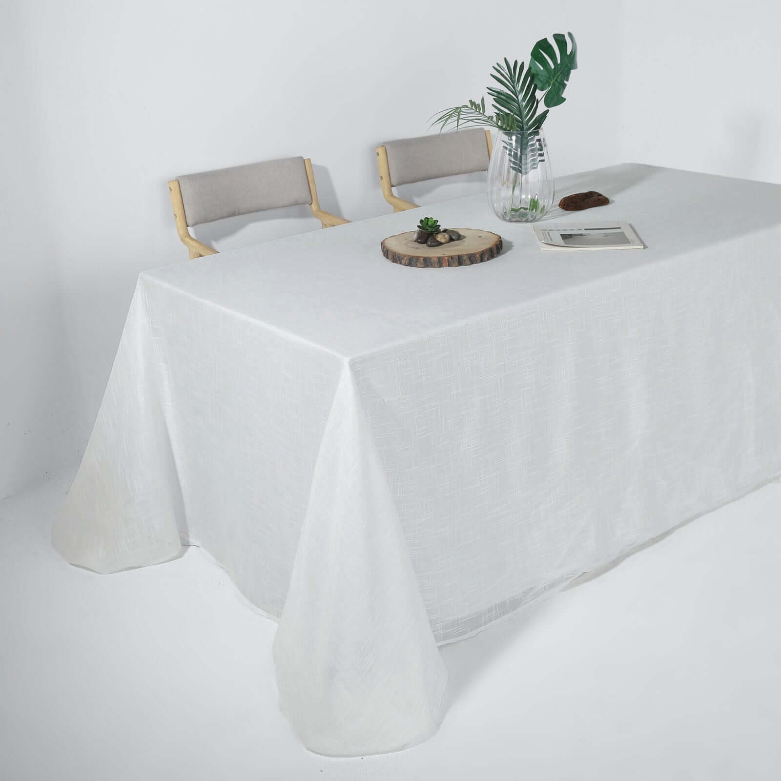 Faux Linen 90x132 Rectangular Tablecloth White - Slubby Texture Wrinkle-Resistant Seamless Table Cover for Weddings and Special Events