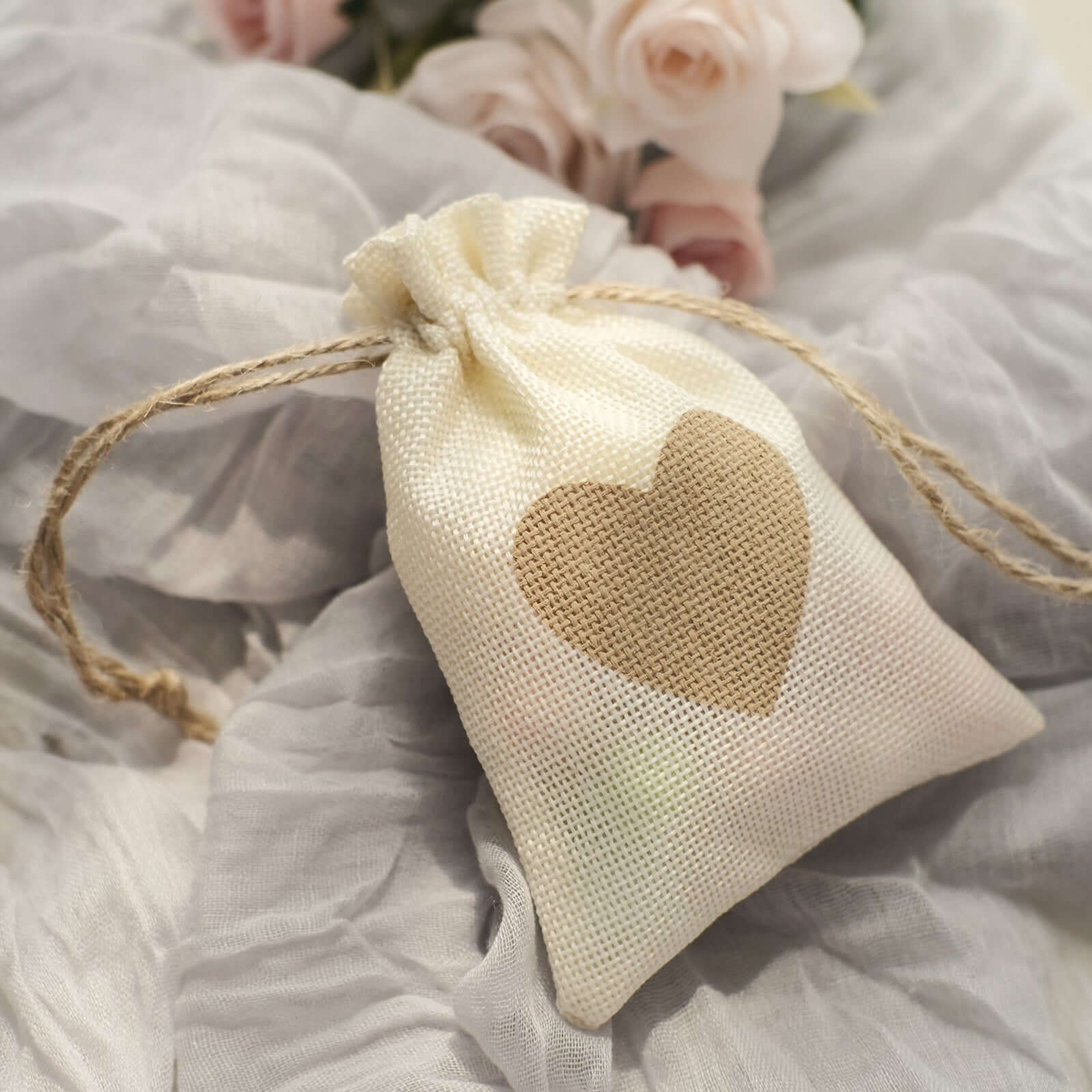 20 Pack 4x5 Natural Ivory Heart Design Jute Burlap Gift Bags With Drawstring, Rustic Wedding Party Favor Bags