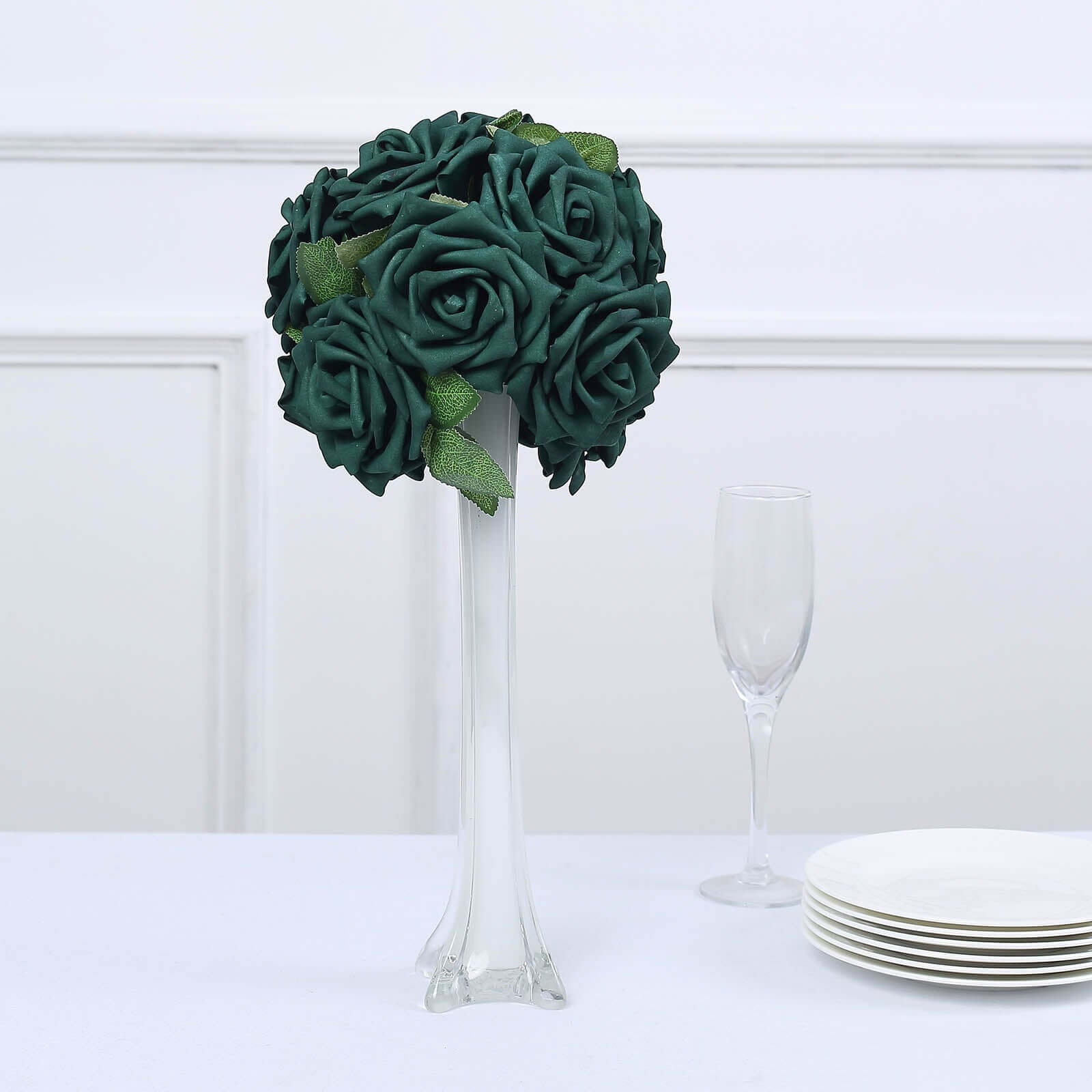 24 Roses 5 Hunter Emerald Green Artificial Foam Flowers With Stem Wire and Leaves