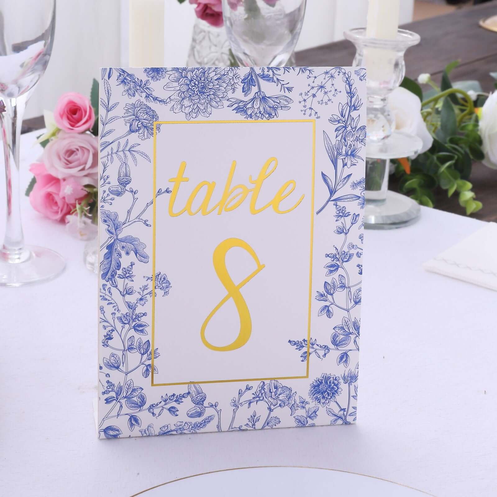 25-Pack Paper Wedding Table Numbers 1-25 White/Blue French Toile Design - Free Standing Double Sided Table Signs with Glam Gold Foil Numbers 7