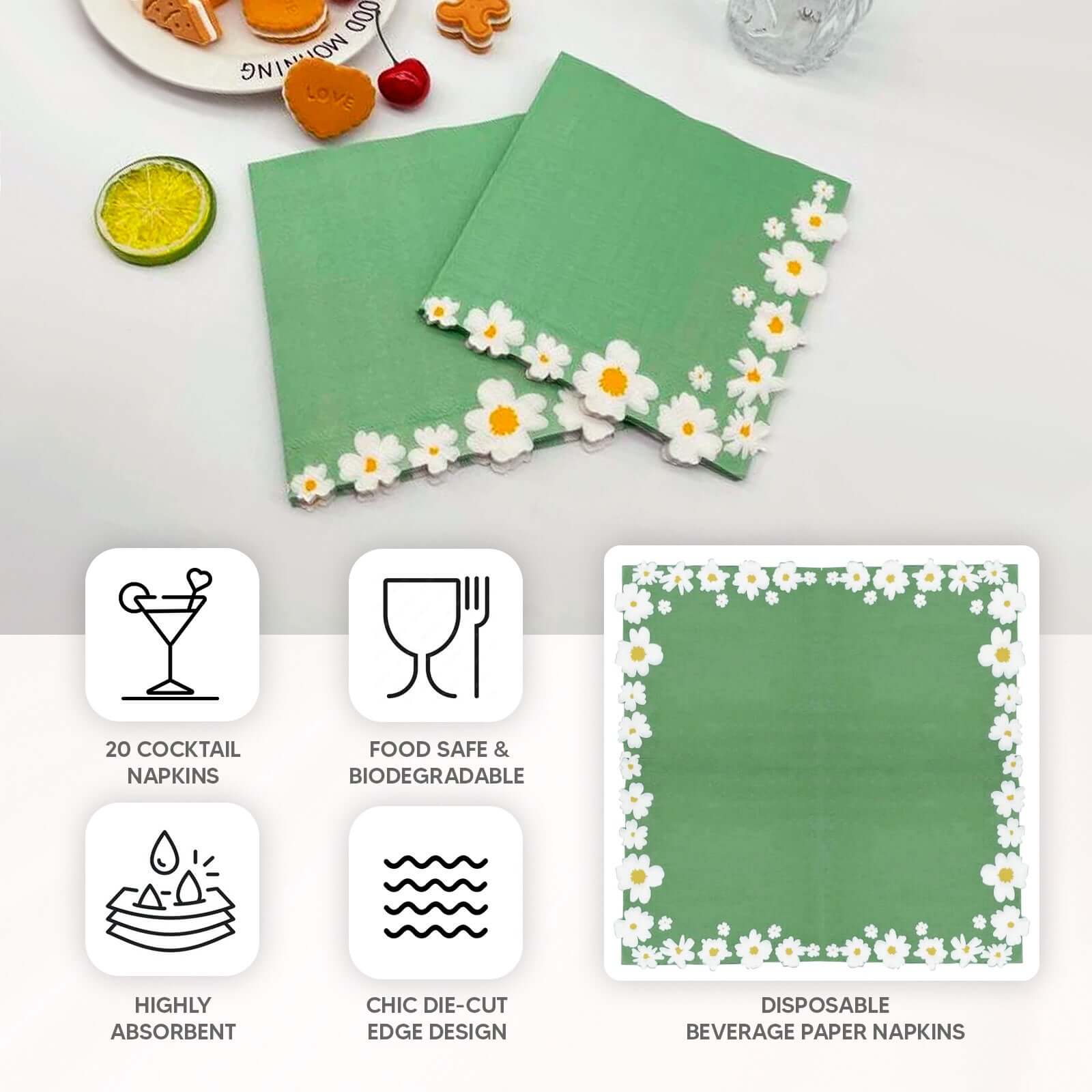 50-Pack Paper Beverage Napkins with Daisy Flower Design Sage Green - 2 Ply Soft 18GSM Floral Wedding Napkins 6.5x6.5