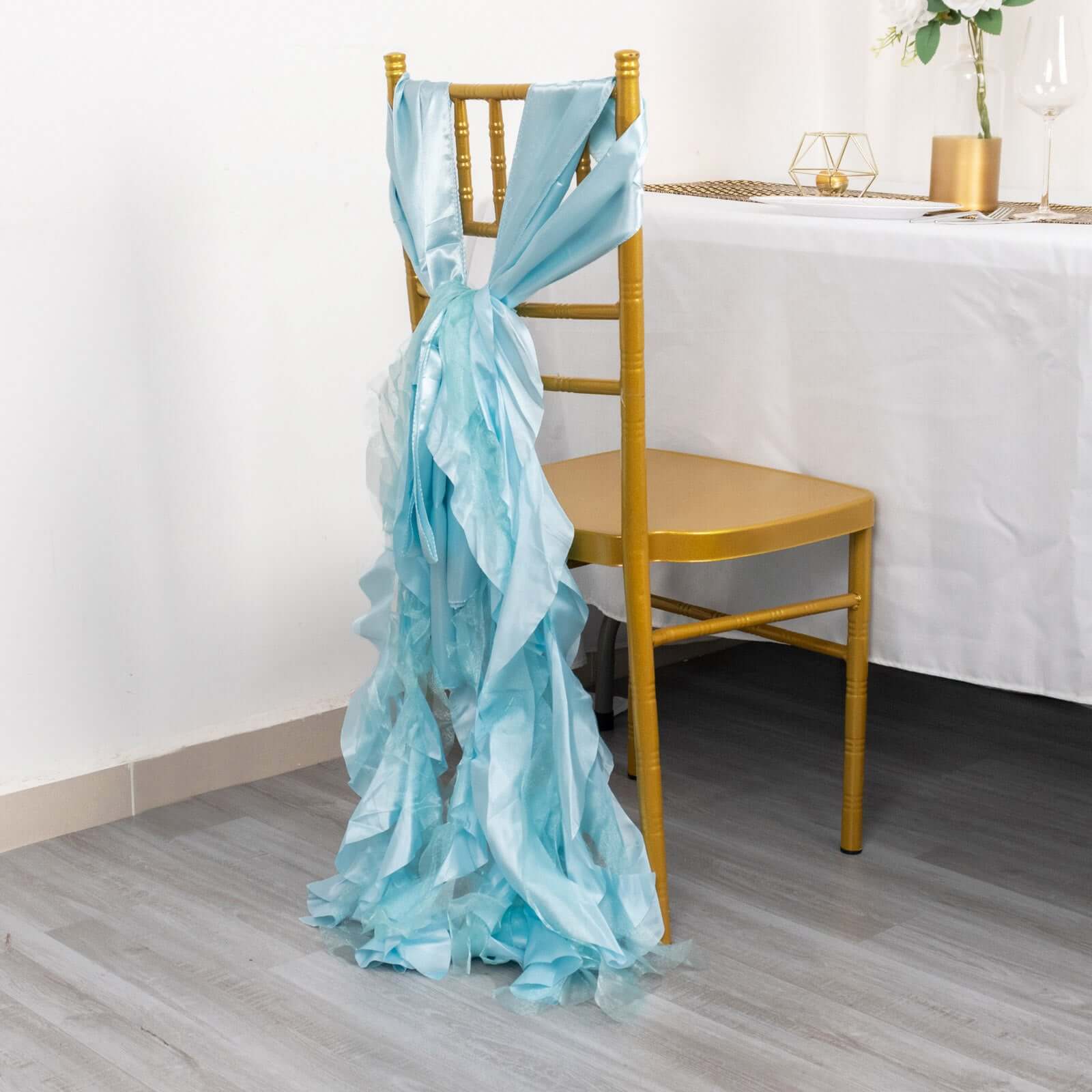 5 Pack Chiffon Satin Chair Sashes Light Blue - Easy to Install Ruffled Curly Willow